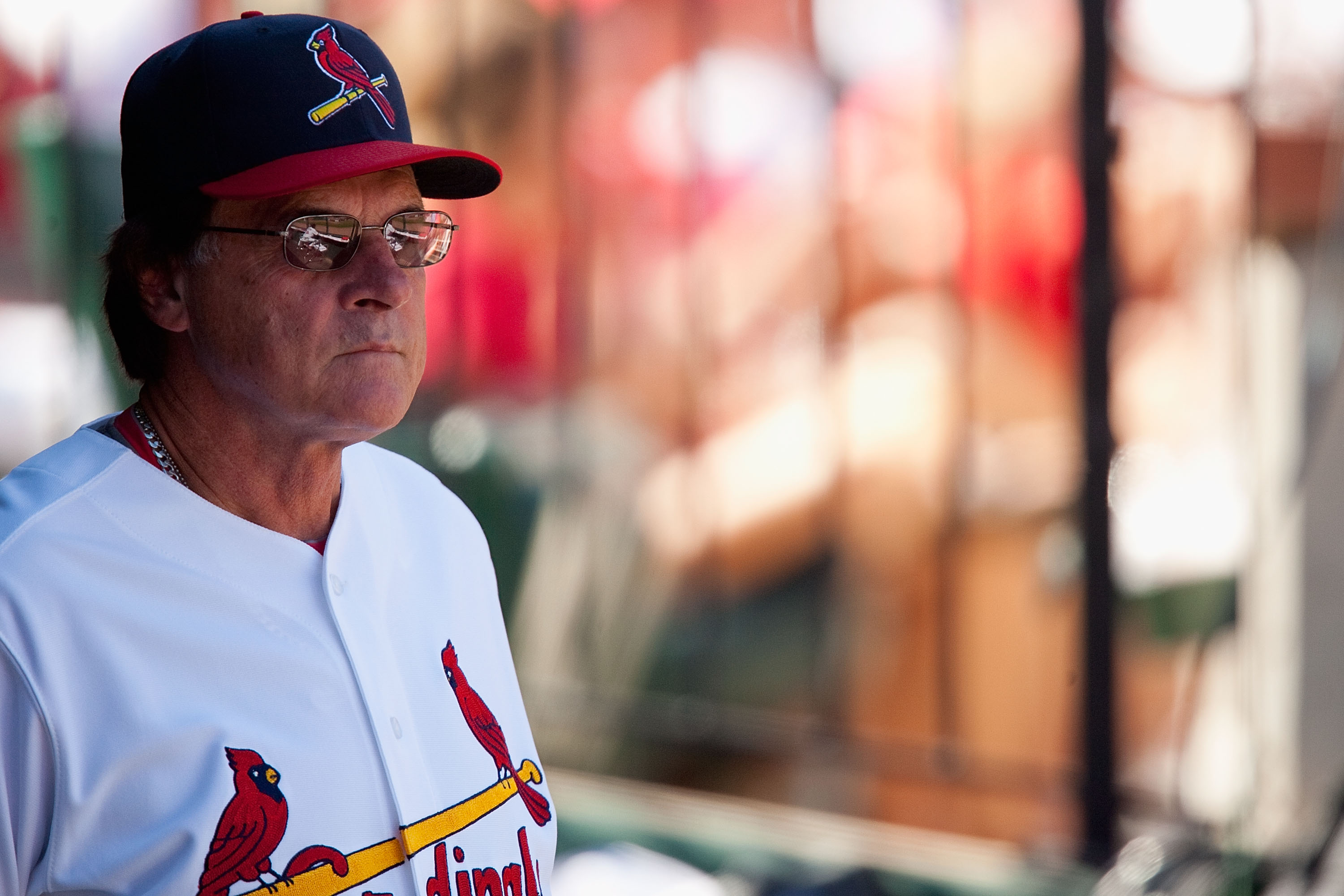ST. LOUIS - SEPTEMBER 5: Manager Tony LaRussa #10 of the St. Louis Cardinals looks on from the dugout against the Cincinnati Reds at Busch Stadium on September 5, 2010 in St. Louis, Missouri.  The Cardinals beat the Reds 4-2.  (Photo by Dilip Vishwanat/Ge