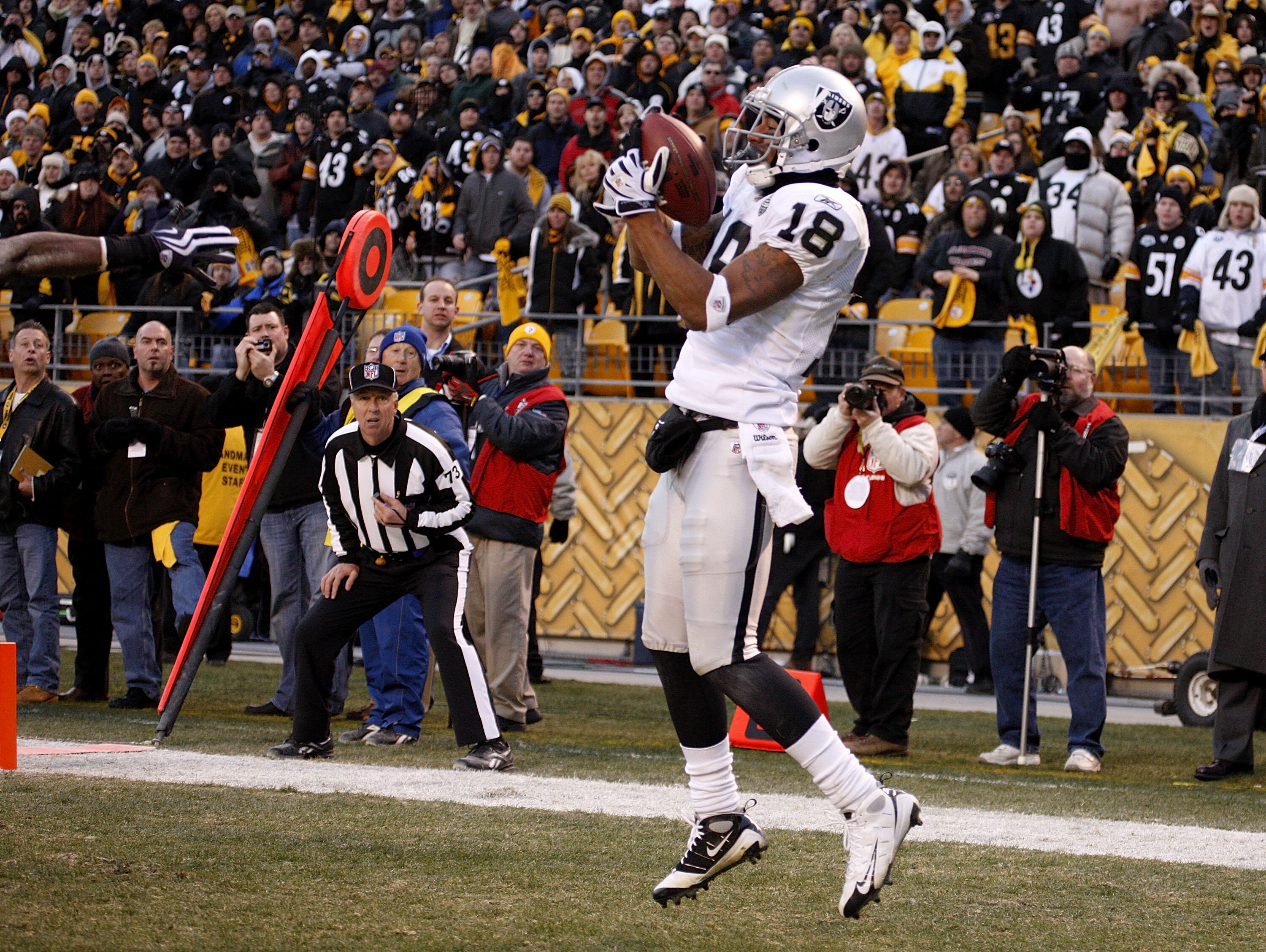 PITTSBURGH - DECEMBER 06:  Louis Murphy #18 of the Oakland Raiders catches the game winning touchdown with nine seconds left on the clock while playing the Pittsburgh Steelers on December 6, 2009 at Heinz Field in Pittsburgh, Pennsylvania. Oakland won the