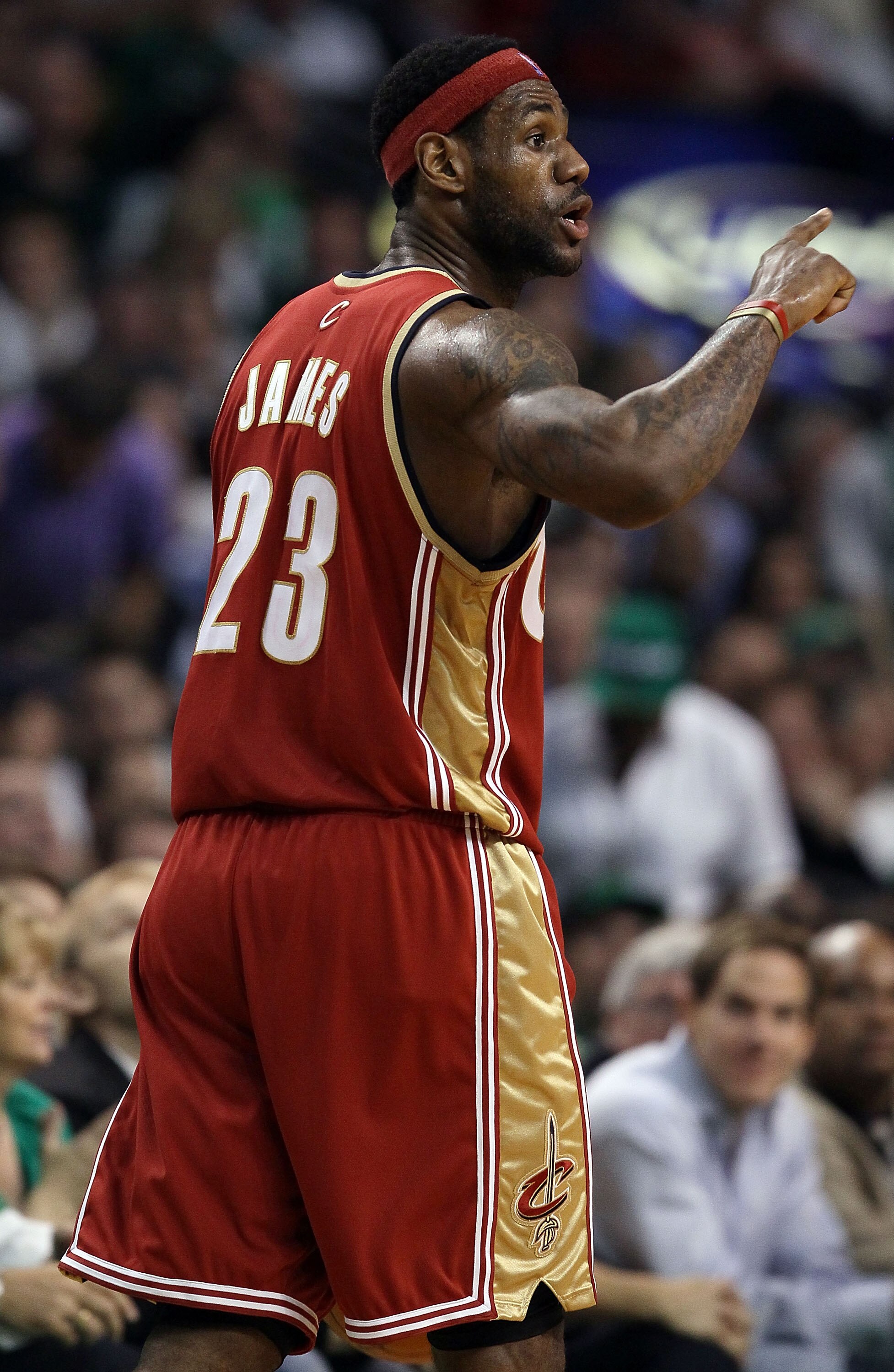 BOSTON - MAY 13:  LeBron James #23 of the Cleveland Cavaliers directs his teammates in the second quarter against the Boston Celtics during Game Six of the Eastern Conference Semifinals of the 2010 NBA playoffs at TD Garden on May 13, 2010 in Boston, Mass