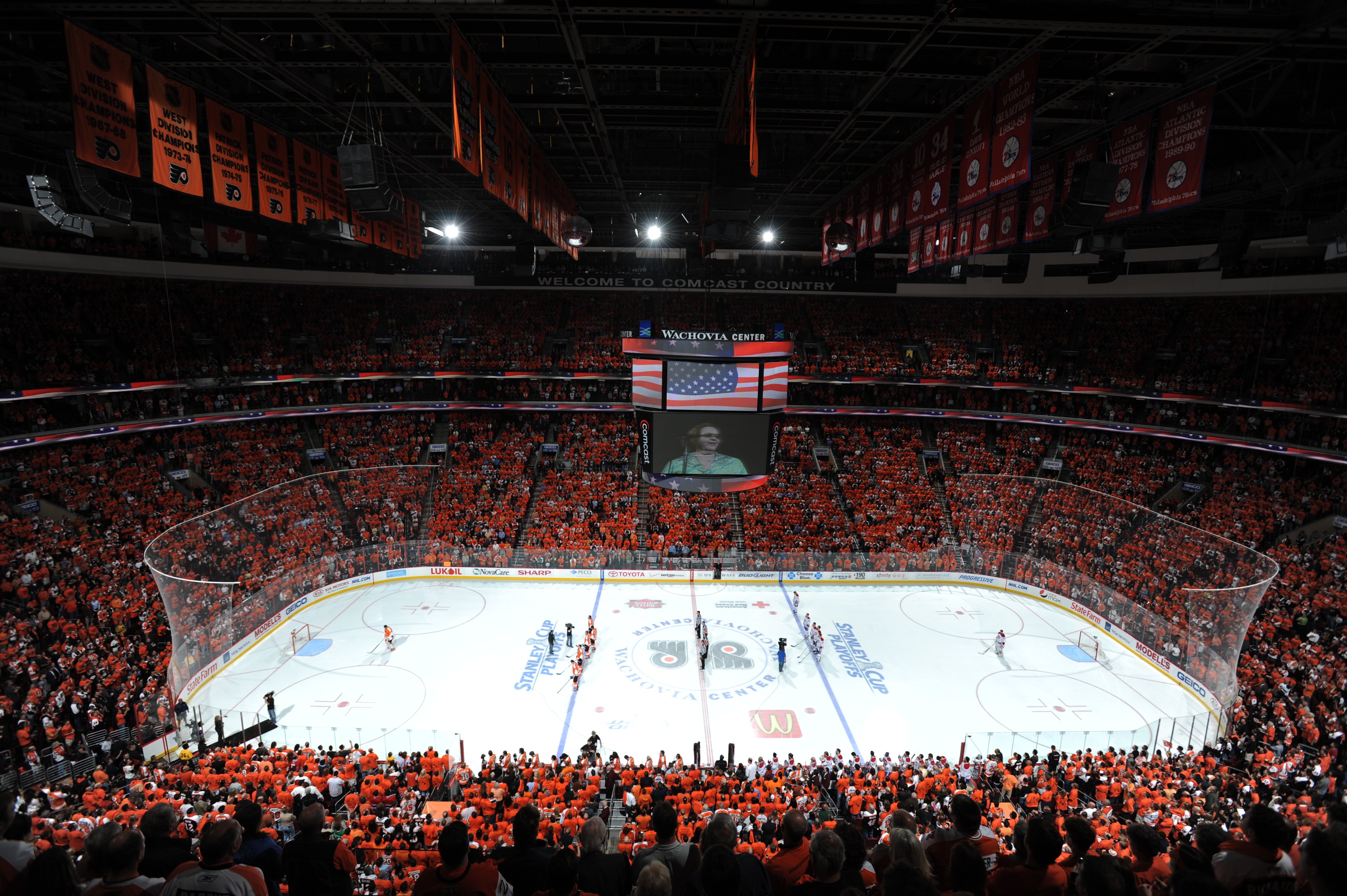PHILADELHIA - MAY 24: A general view taken during the national anthem before the Game 5 of the Eastern Conference Finals between the Philadelphia Flyers and the Montreal Canadiens during the 2010 NHL Stanley Cup Playoffs at Wachovia Center on May 24, 2010