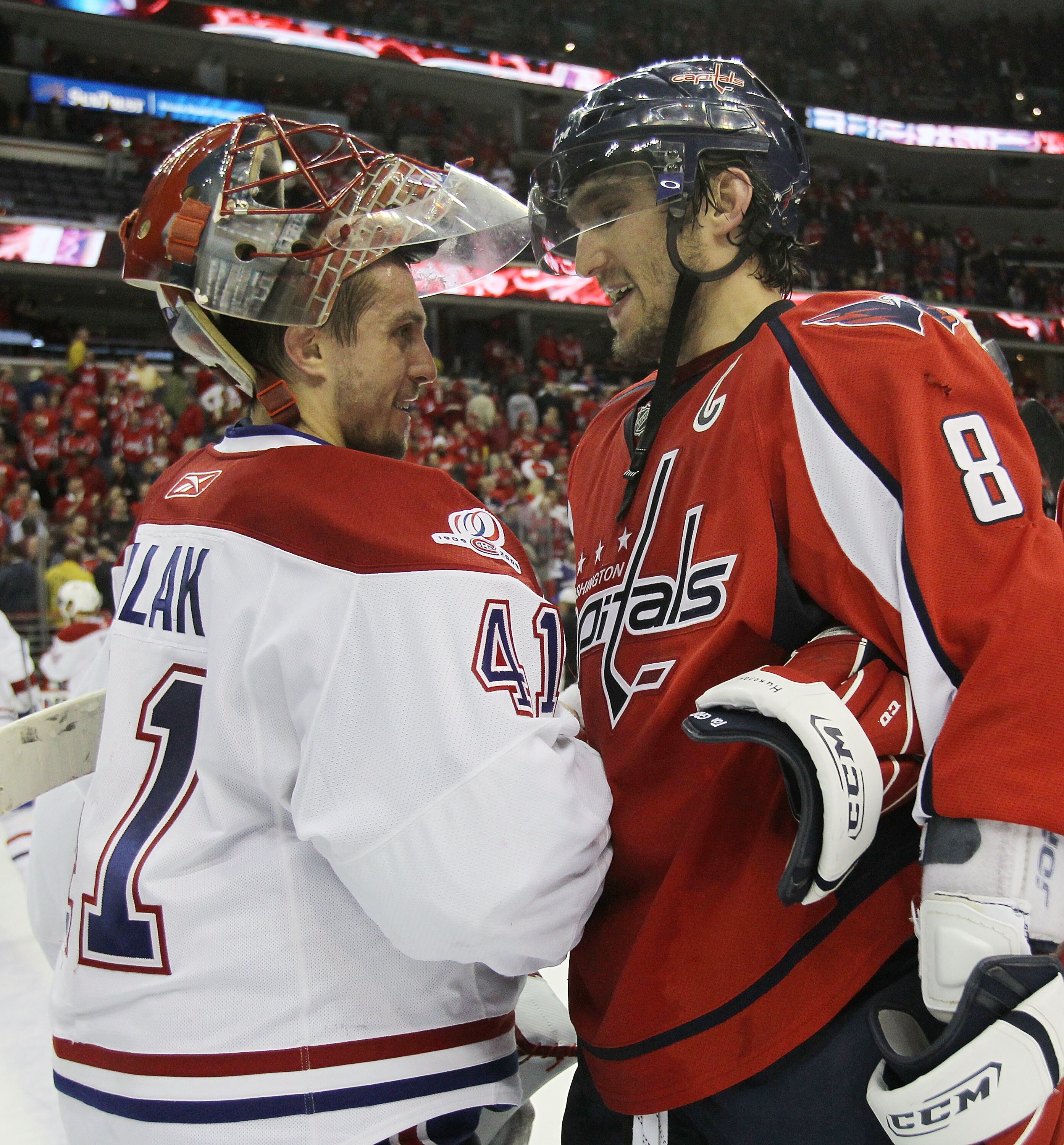 WASHINGTON - APRIL 28:  Jaroslav Halak #41 of the Montreal Canadiens shakes hands with Alex Ovechkin #8 of the Washington Capitals following the Canadiens 2-1 win in Game Seven of the Eastern Conference Quarterfinals during the 2010 NHL Stanley Cup Playof