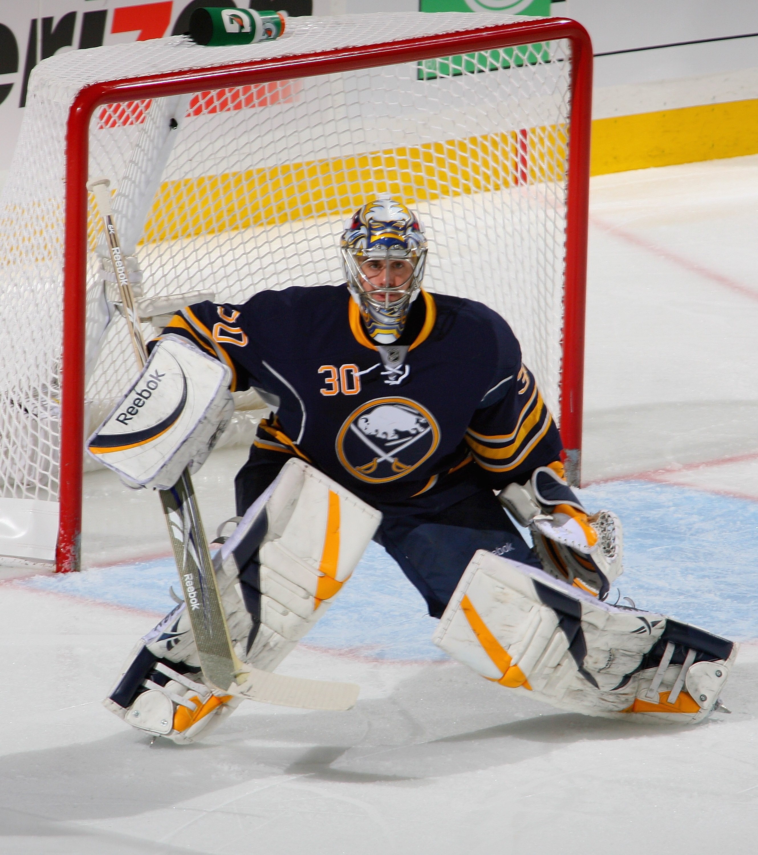 BUFFALO, NY - APRIL 17: Ryan Miller #30 of the Buffalo Sabres plays against the Boston Bruins in Game Two of the Eastern Conference Quarterfinals during the 2010 NHL Stanley Cup Playoffs at HSBC Arena on April 17, 2010  in Buffalo, New York.  (Photo by Ri