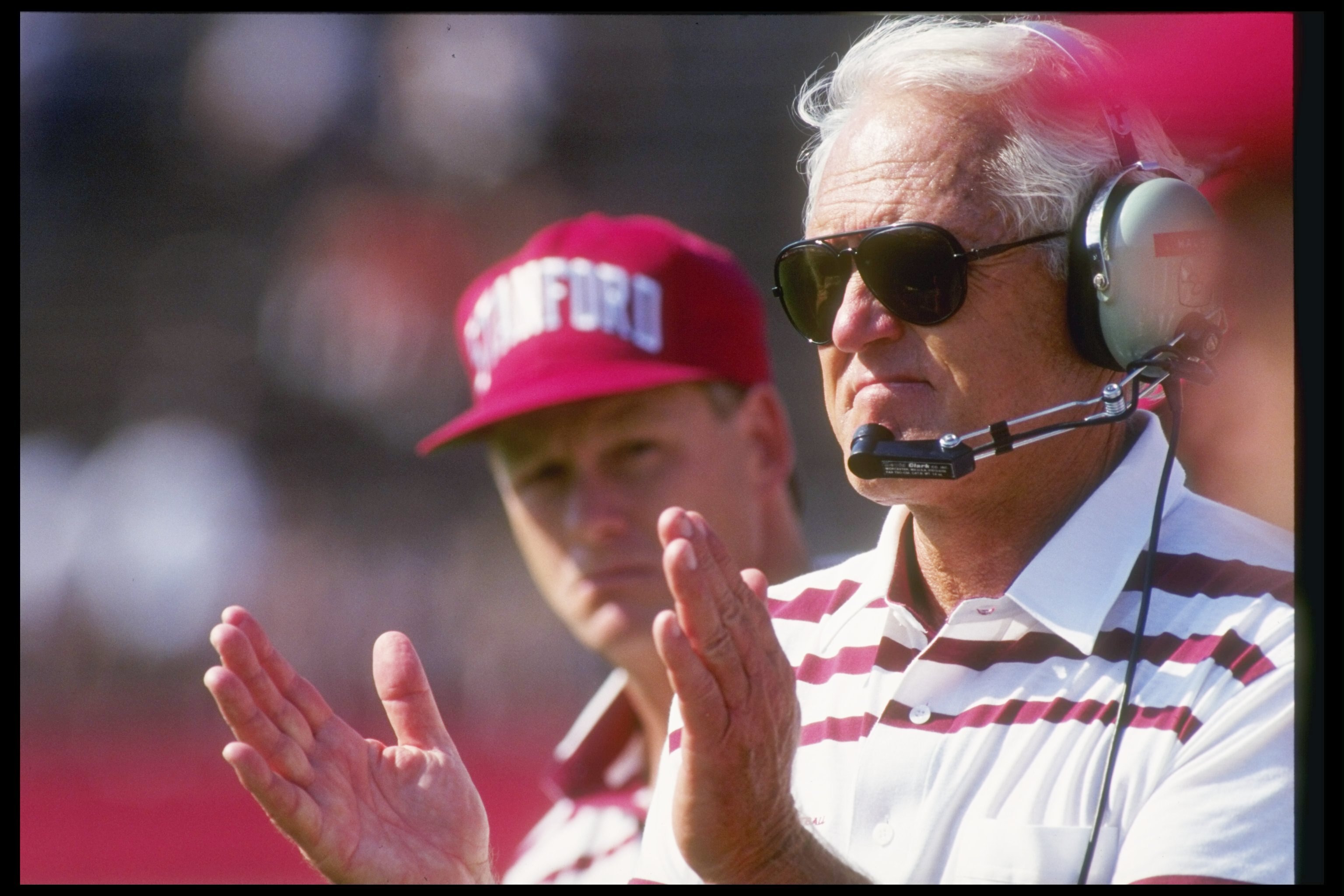 26 Sep 1992:  Coach Bill Walsh of the Stanford Cardinal watches his players during a game against the San Jose State Spartans.  Stanford won the game 37-13. Mandatory Credit: Otto Greule  /Allsport