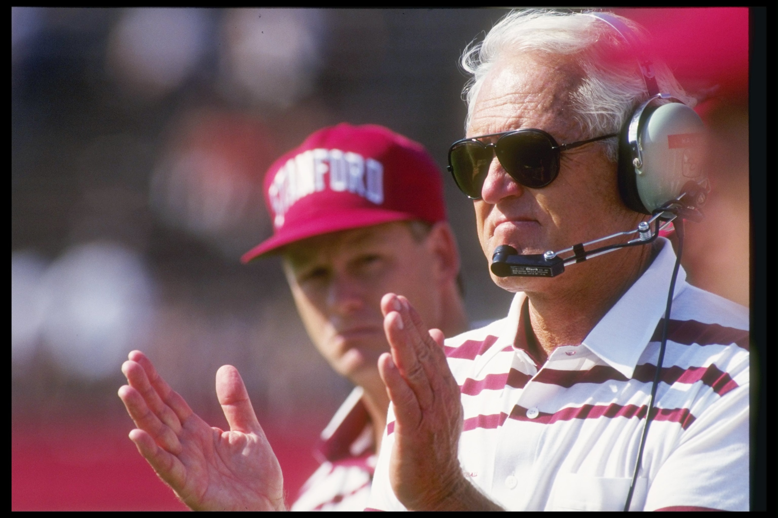 26 Sep 1992:  Coach Bill Walsh of the Stanford Cardinal watches his players during a game against the San Jose State Spartans.  Stanford won the game 37-13. Mandatory Credit: Otto Greule  /Allsport