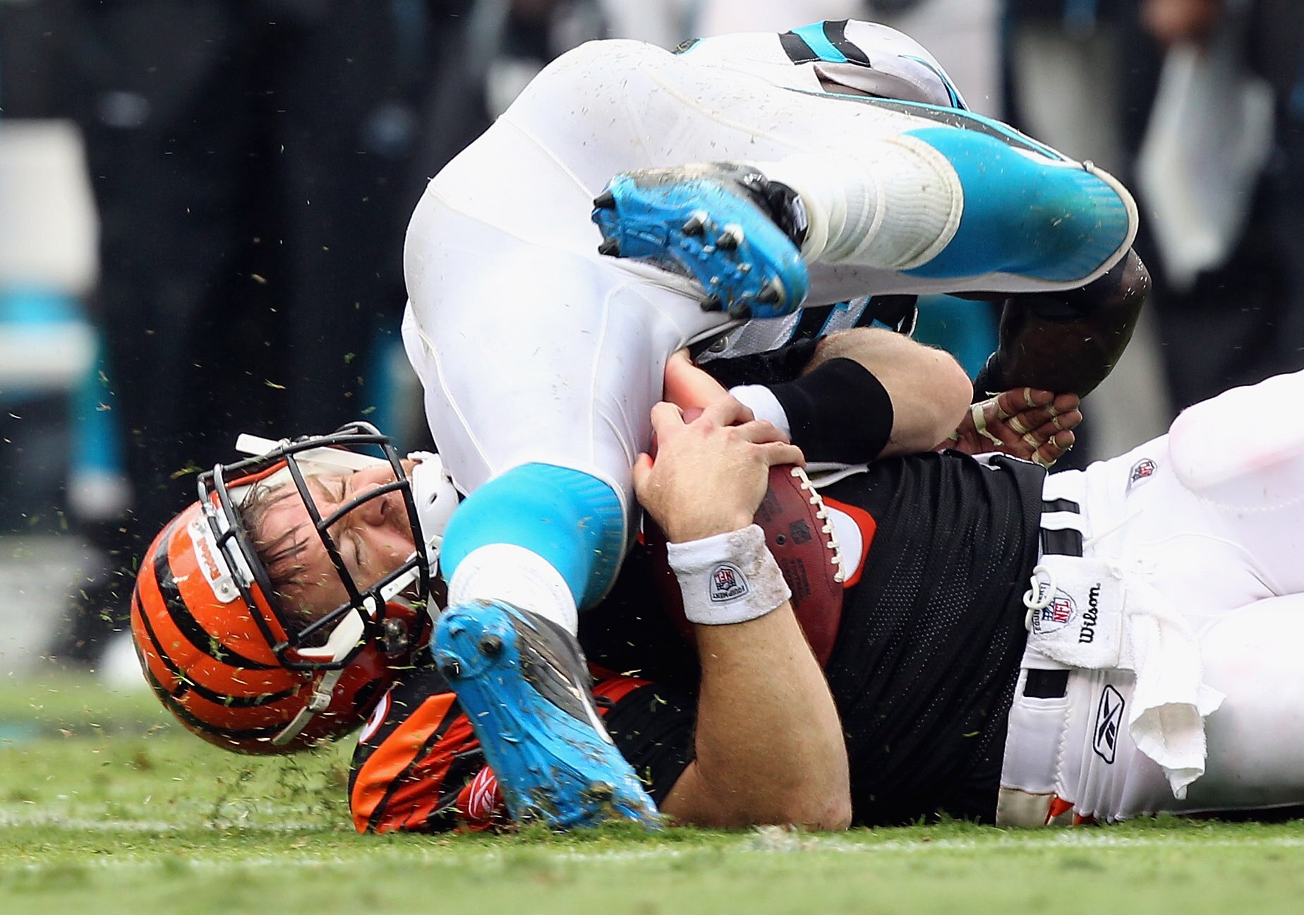 CHARLOTTE, NC - SEPTEMBER 26:  Carson Palmer #9 of the Cincinnati Bengals falls to the ground after a hard hit against the Carolina Panthers during their game at Bank of America Stadium on September 26, 2010 in Charlotte, North Carolina.  (Photo by Street