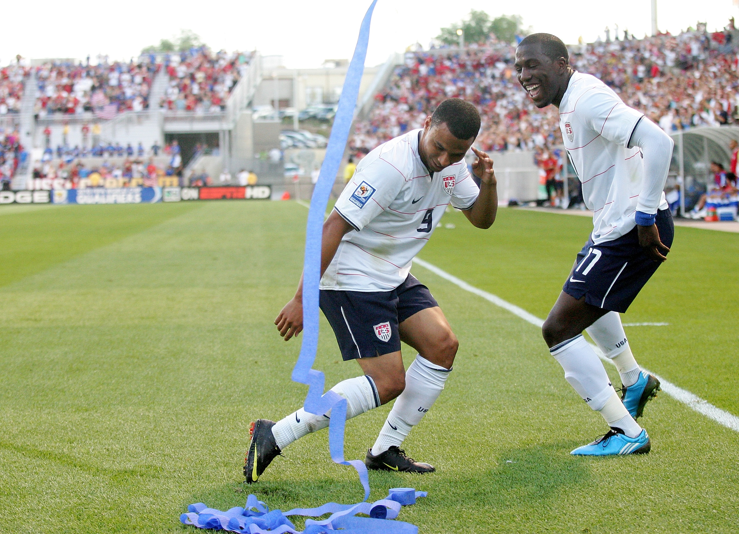 SANDY, UT - SEPTEMBER 05:  Jozy Altidore #17 and Charlie Davies #9 of the United States celebrate Altidore's goal  in the first half during the FIFA 2010 World Cup Qualifier match between the United States and El Salvador at Rio Tinto Stadium on September