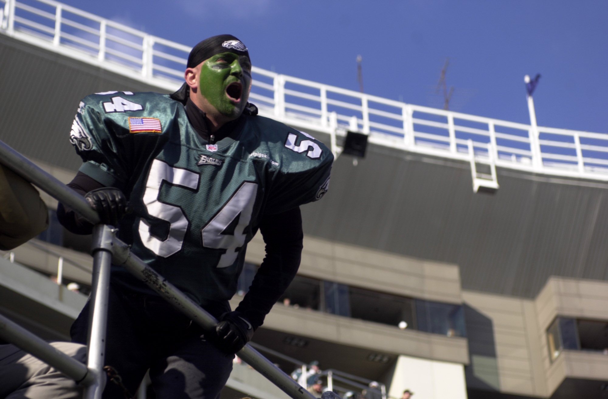 09 Dec 2001 : Philadelphia Eagles fan cheers for his team during the game against the San Diego Chargers at Veterans Stadium in Philadelphia, Pennsylvania. The Eagles defeat the Chargers 24-14. DIGITAL IMAGE. Mandatory Credit: Doug Pensinger/Allsport