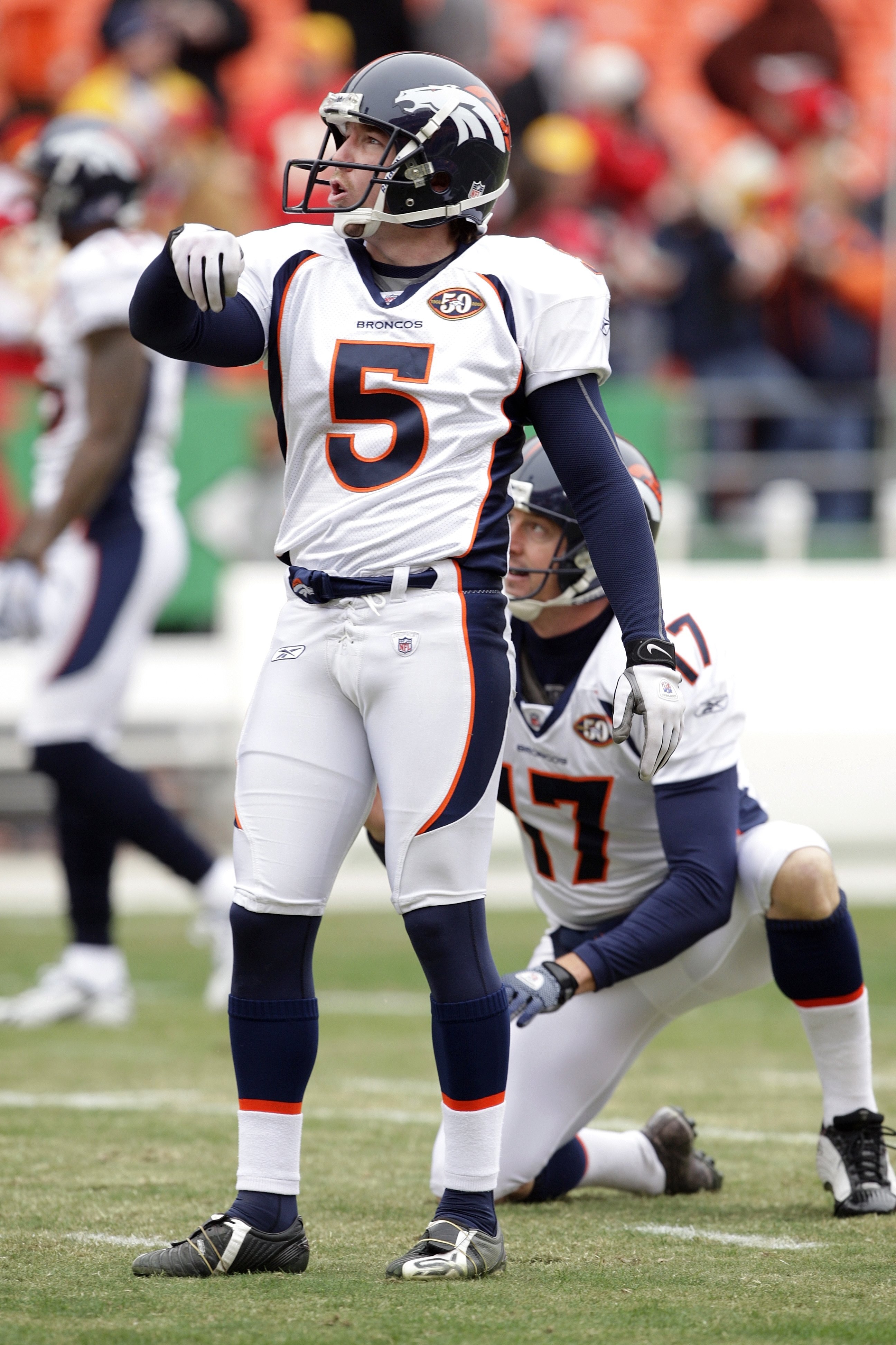 KANSAS CITY, MO - DECEMBER 6:  Place kicker Matt Prater #5 of the Denver Broncos practices his field-goal attempts during warm-up prior to their NFL game against the Kansas City Chiefs on December 6, 2009 at Arrowhead Stadium in Kansas City, Missouri. The