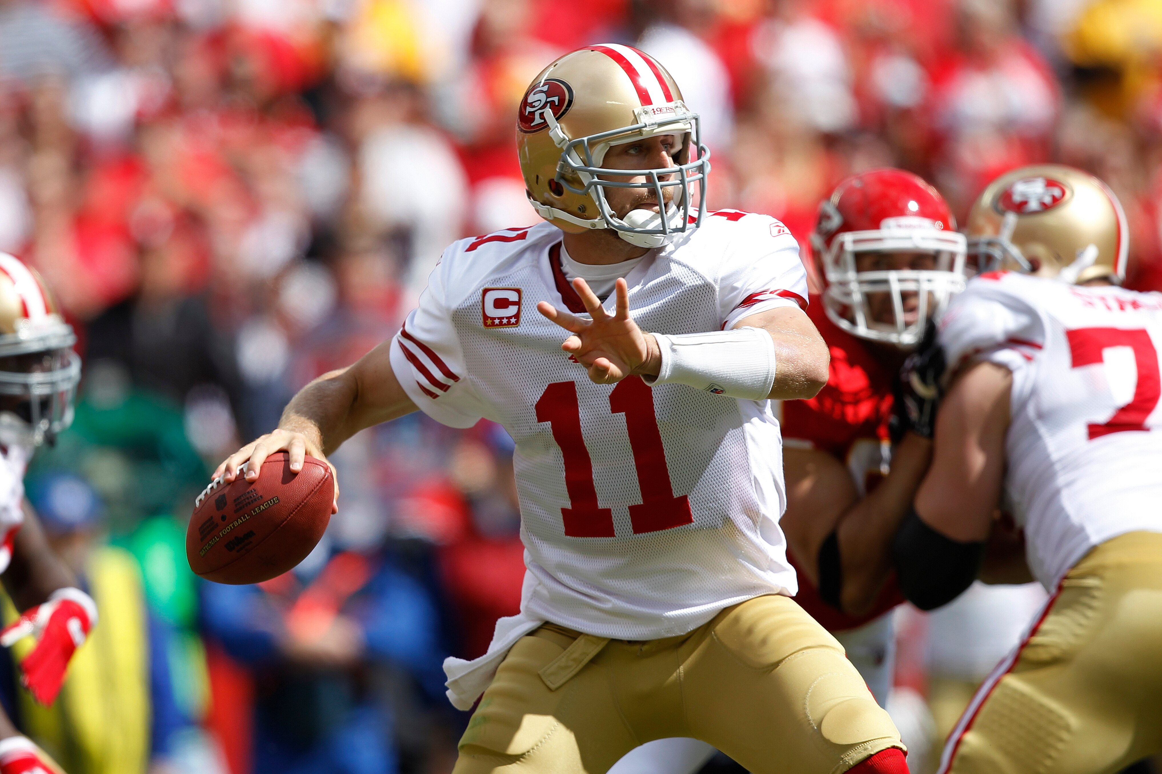 KANSAS CITY, MO - SEPTEMBER 26: Alex Smith #11 of the San Francisco 49ers looks to pass against the Kansas City Chiefs at Arrowhead Stadium on September 26, 2010 in Kansas City, Missouri. The Chiefs won 31-10. (Photo by Joe Robbins/Getty Images)