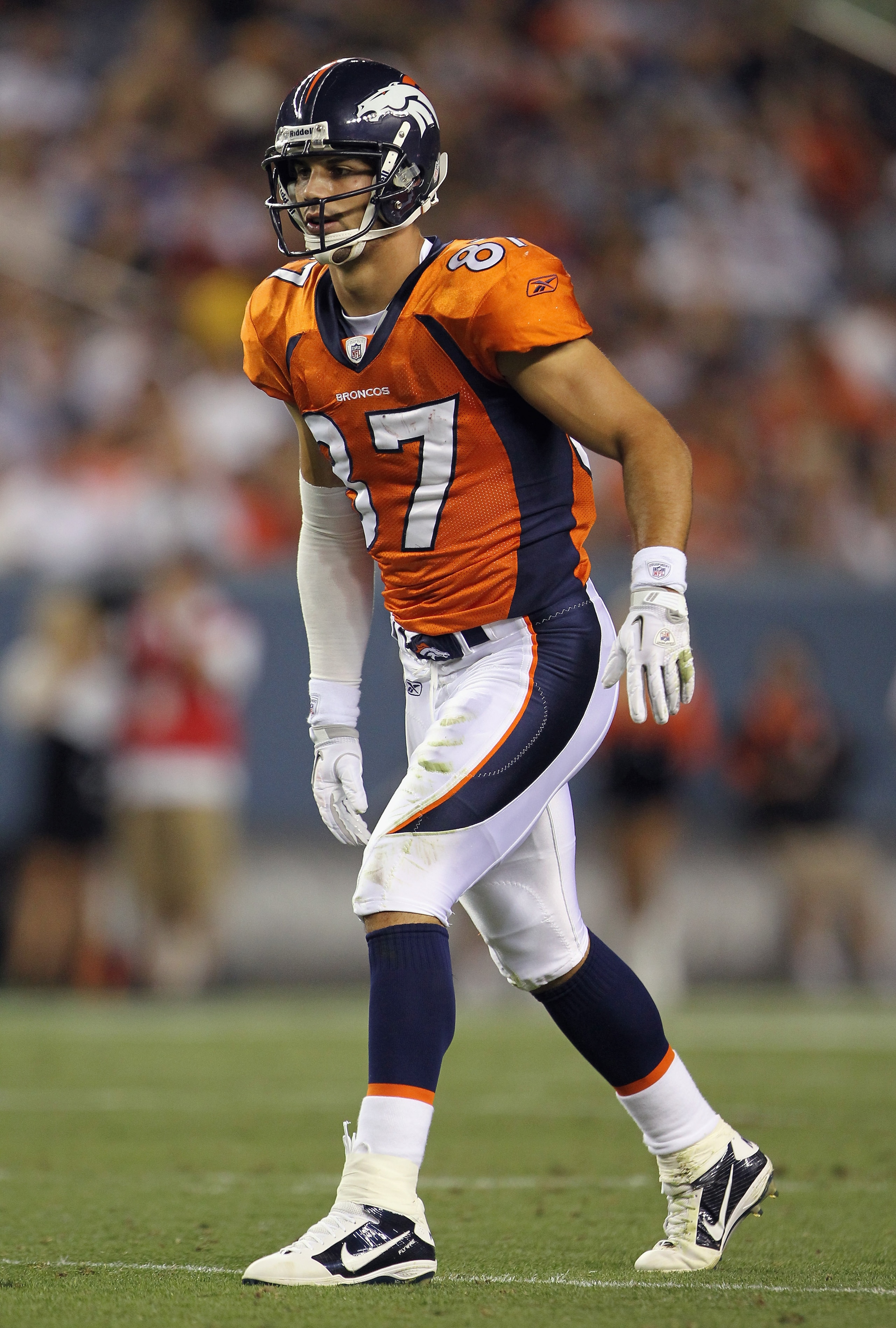 DENVER - AUGUST 21:  Wide receiver Eric Decker #87 of the Denver Broncos awaits the snap on the line of scrimmage against the Detroit Lions during preseason NFL action at INVESCO Field at Mile High on August 21, 2010 in Denver, Colorado. The Lions defeate