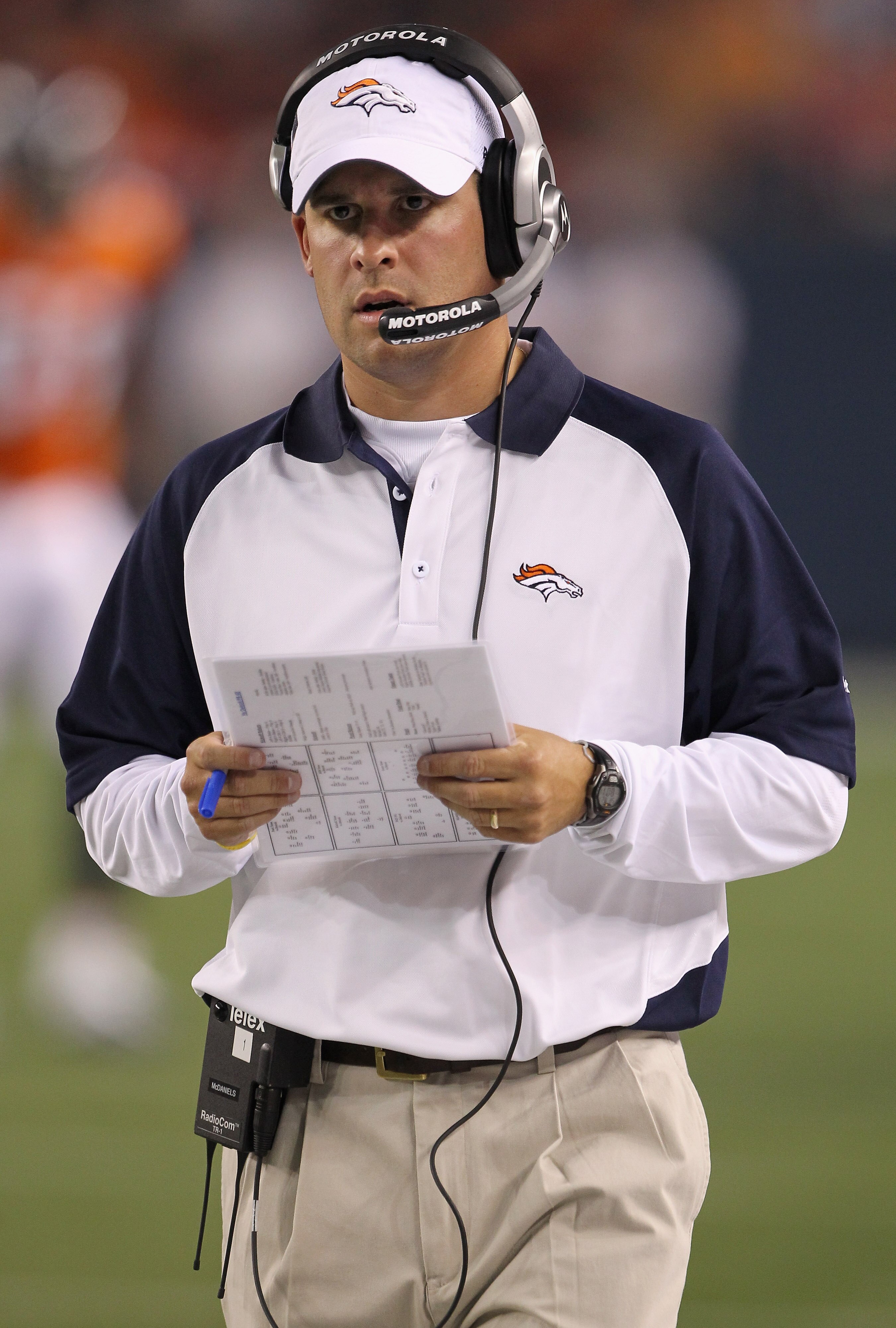 DENVER - AUGUST 21:  Head coach Josh McDaniels of the Denver Broncos leads his team against the Detroit Lions during preseason NFL action at INVESCO Field at Mile High on August 21, 2010 in Denver, Colorado.  (Photo by Doug Pensinger/Getty Images)
