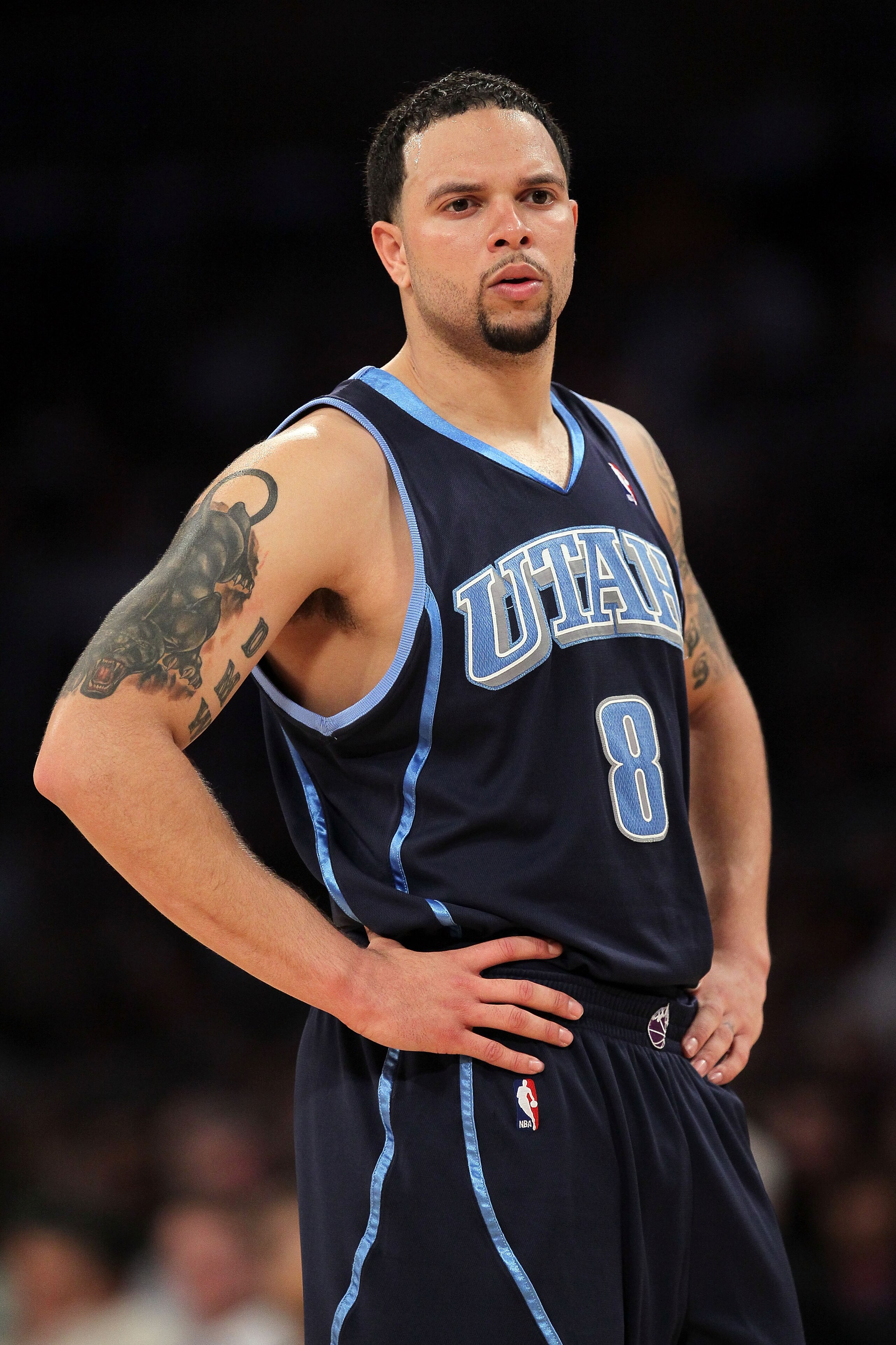 LOS ANGELES, CA - MAY 04:  Deron Williams #8 of the Utah Jazz stands on the court during Game Two of the Western Conference Semifinals against the Los Angeles Lakers during the 2010 NBA Playoffs at Staples Center on May 4, 2010 in Los Angeles, California.