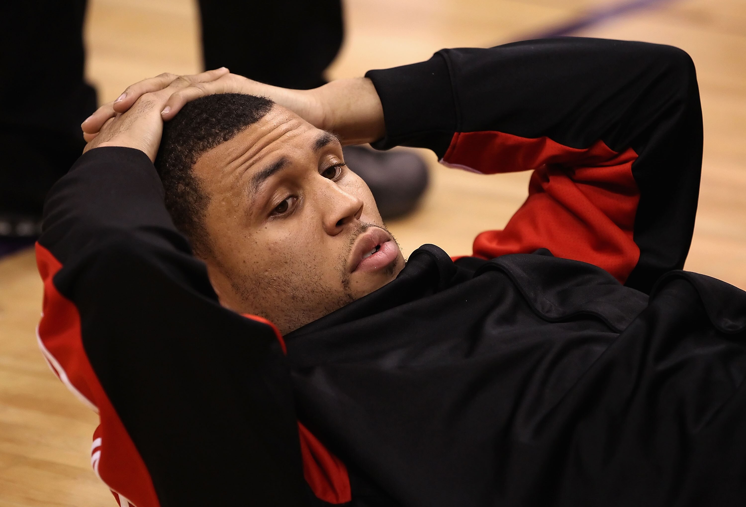 PHOENIX - APRIL 26:  Brandon Roy #7 of the Portland Trail Blazers warms up before Game Five of the Western Conference Quarterfinals of the 2010 NBA Playoffs against the Phoenix Suns at US Airways Center on April 26, 2010 in Phoenix, Arizona. NOTE TO USER: