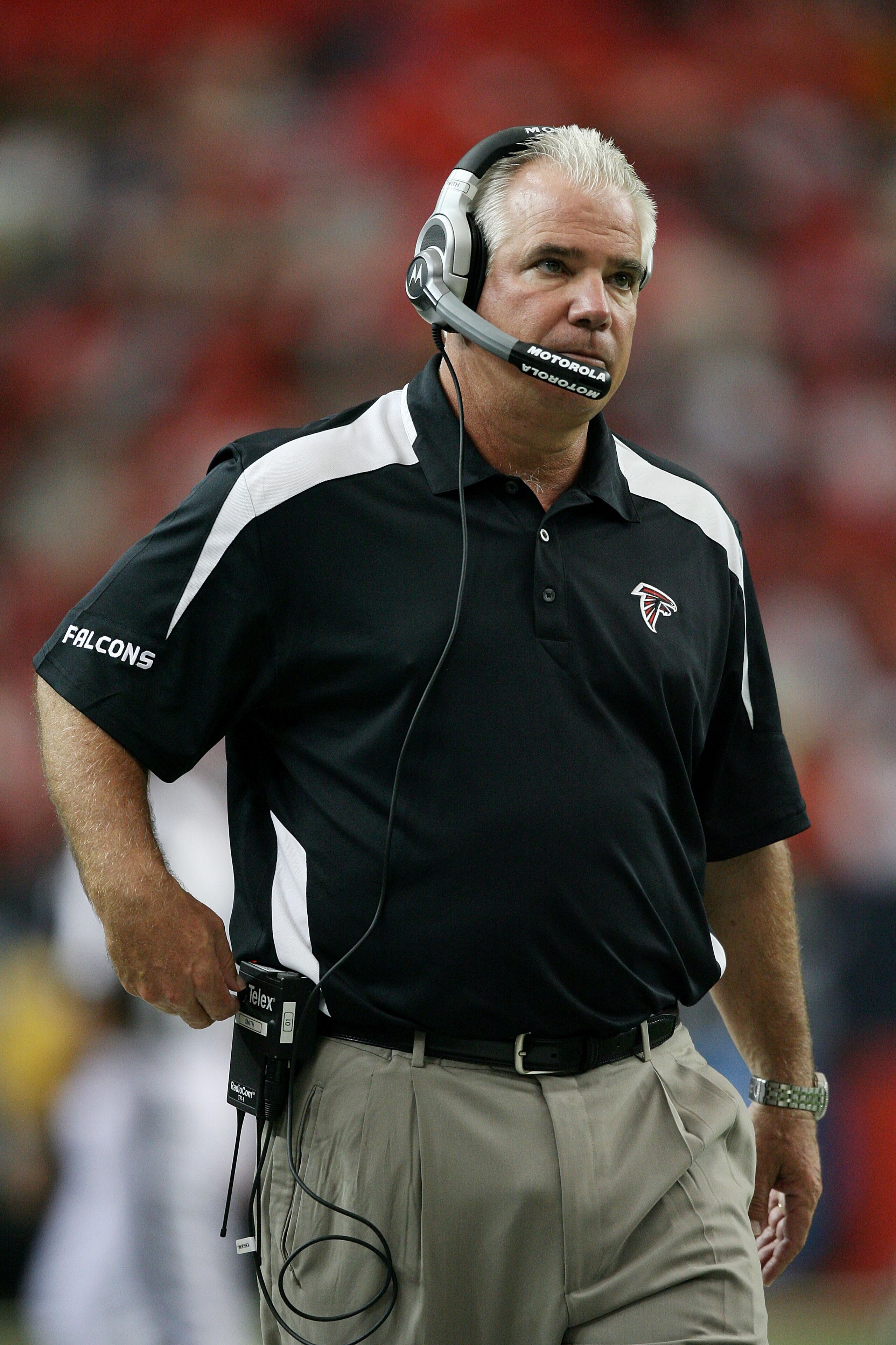 ATLANTA - SEPTEMBER 21:  Head coach Mike Smith of the Atlanta Falcons watches from the sidelines as his team takes on the Kansas City Chiefs at Georgia Dome on September 21, 2008 in Atlanta, Georgia. The Falcons defeated the Chiefs 38-14.  (Photo by Doug 