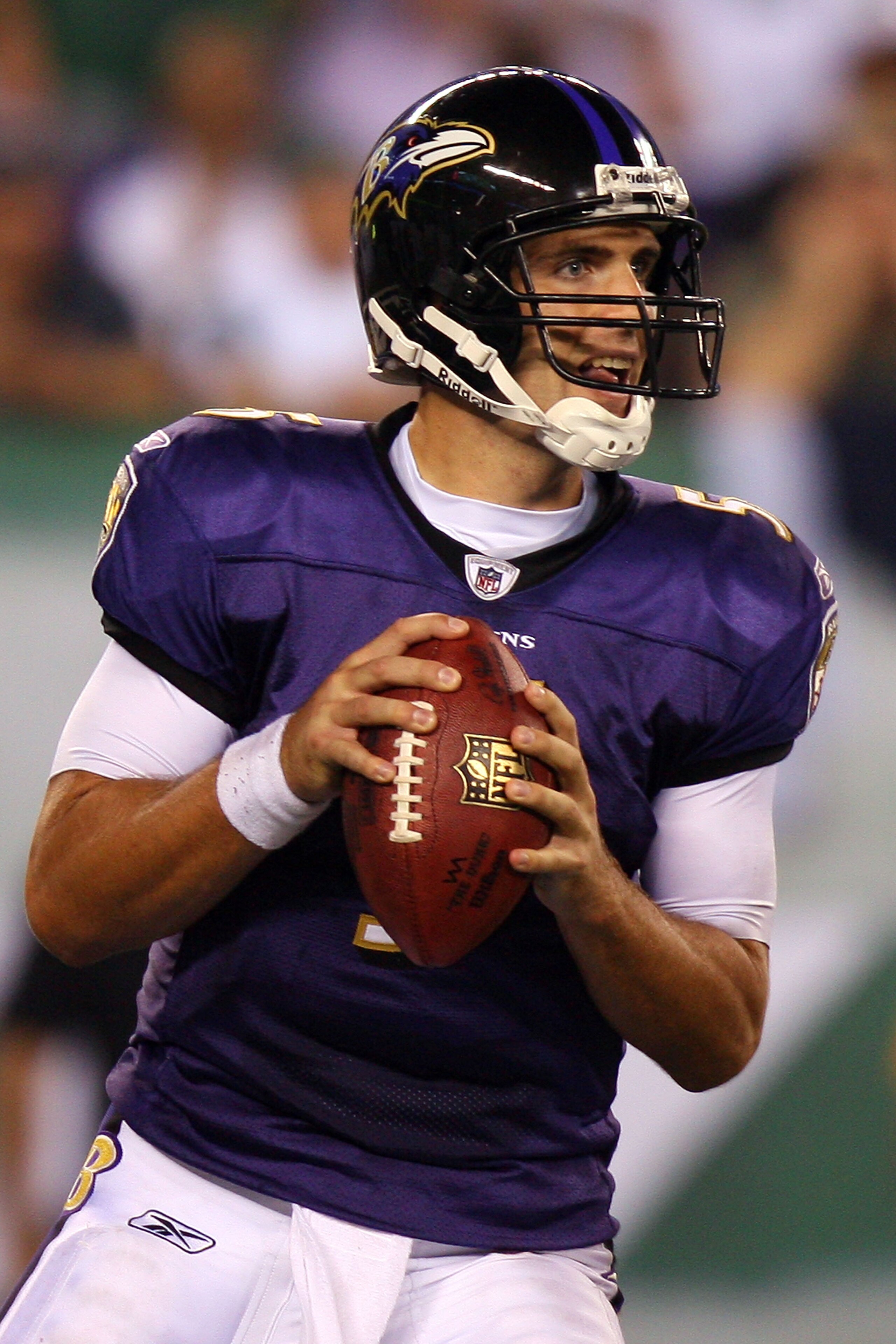 EAST RUTHERFORD, NJ - SEPTEMBER 13: Joe Flacco #5 of the Baltimore Ravens looks to throws a pass against the New York Jets during the home opener at the New Meadowlands Stadium on September 13, 2010 in East Rutherford, New Jersey. (Photo by Andrew Burto EAST RUTHERFORD, NJ - SEPTEMBER 13: Joe Flacco #5 of the Baltimore Ravens looks to throws a pass against the New York Jets during the home opener at the New Meadowlands Stadium on September 13, 2010 in East Rutherford, New Jersey. (Photo by Andrew Burto