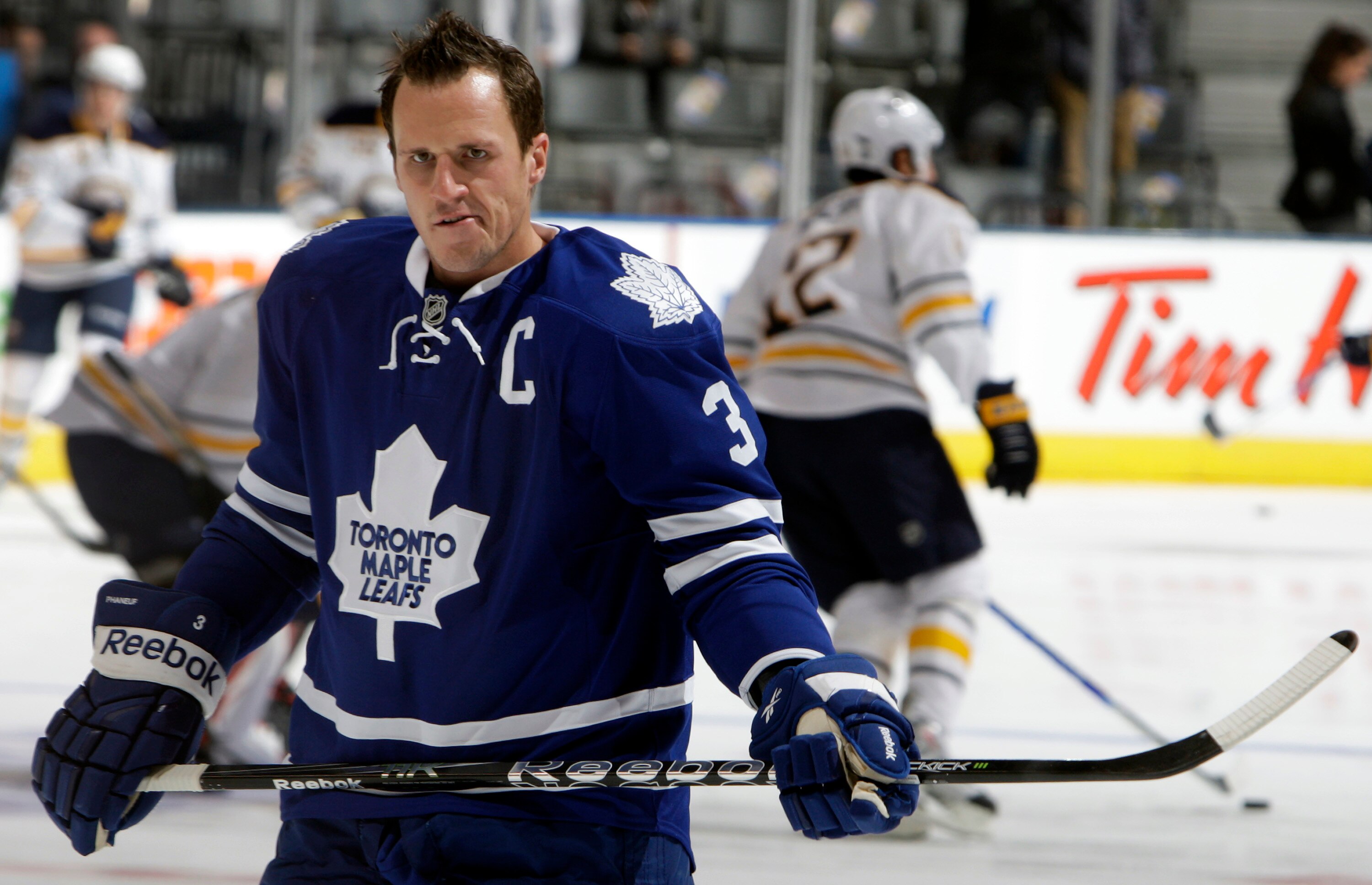 TORONTO - SEPTEMBER 27: Dion Phaneuf #3 of the Toronto Maple Leafs gets his game face on during warmup before a preseason NHL game at the Air Canada Centre September 27, 2010 in Toronto, Ontario, Canada. (Photo by Abelimages/Getty Images)