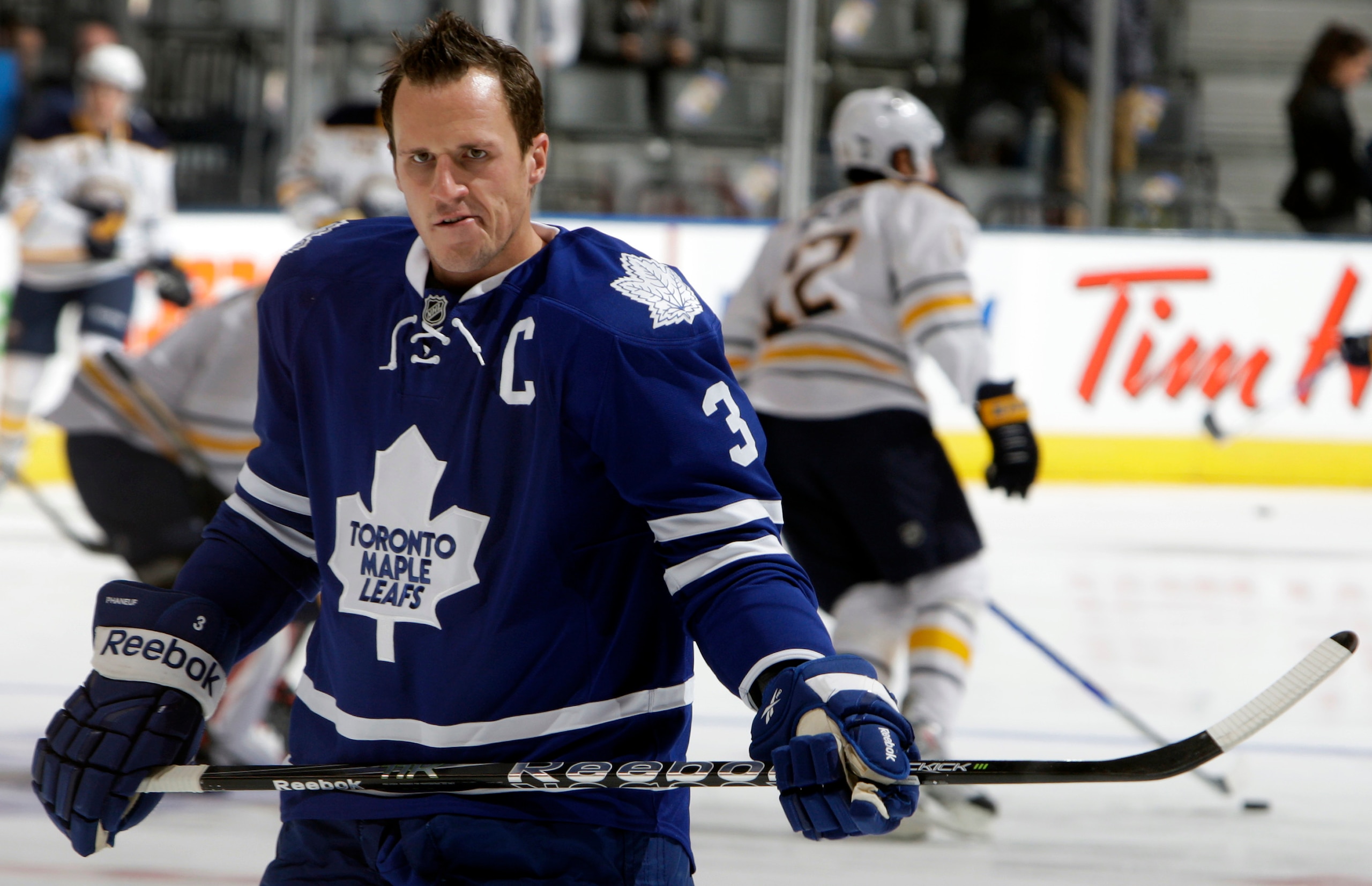 TORONTO - SEPTEMBER 27: Dion Phaneuf #3 of the Toronto Maple Leafs gets his game face on during warmup before a preseason NHL game at the Air Canada Centre September 27, 2010 in Toronto, Ontario, Canada. (Photo by Abelimages/Getty Images)