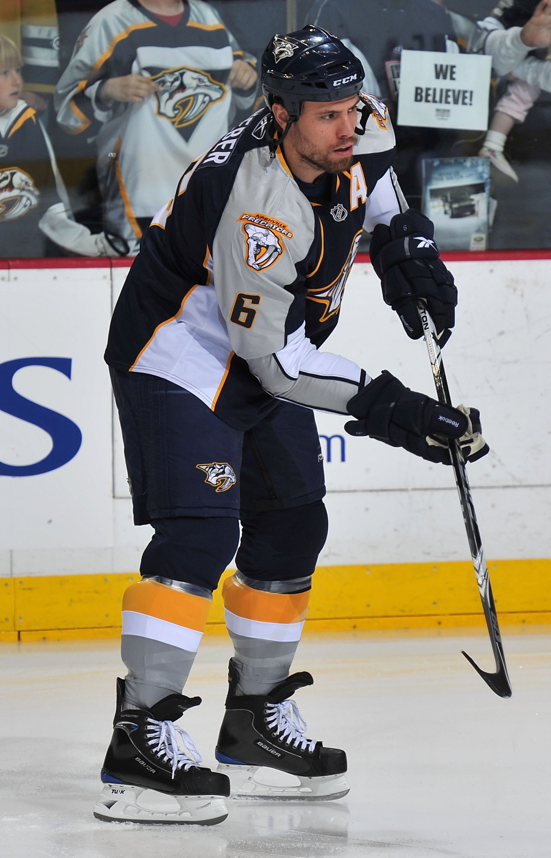 NASHVILLE, TN - APRIL 26:  Shea Weber #6 of the Nashville Predators skates against the Chicago Blackhawks in Game Six of the Western Conference Quarterfinals during the 2010 NHL Stanley Cup Playoffs at Bridgestone Arena on April 26, 2010 in Nashville, Ten