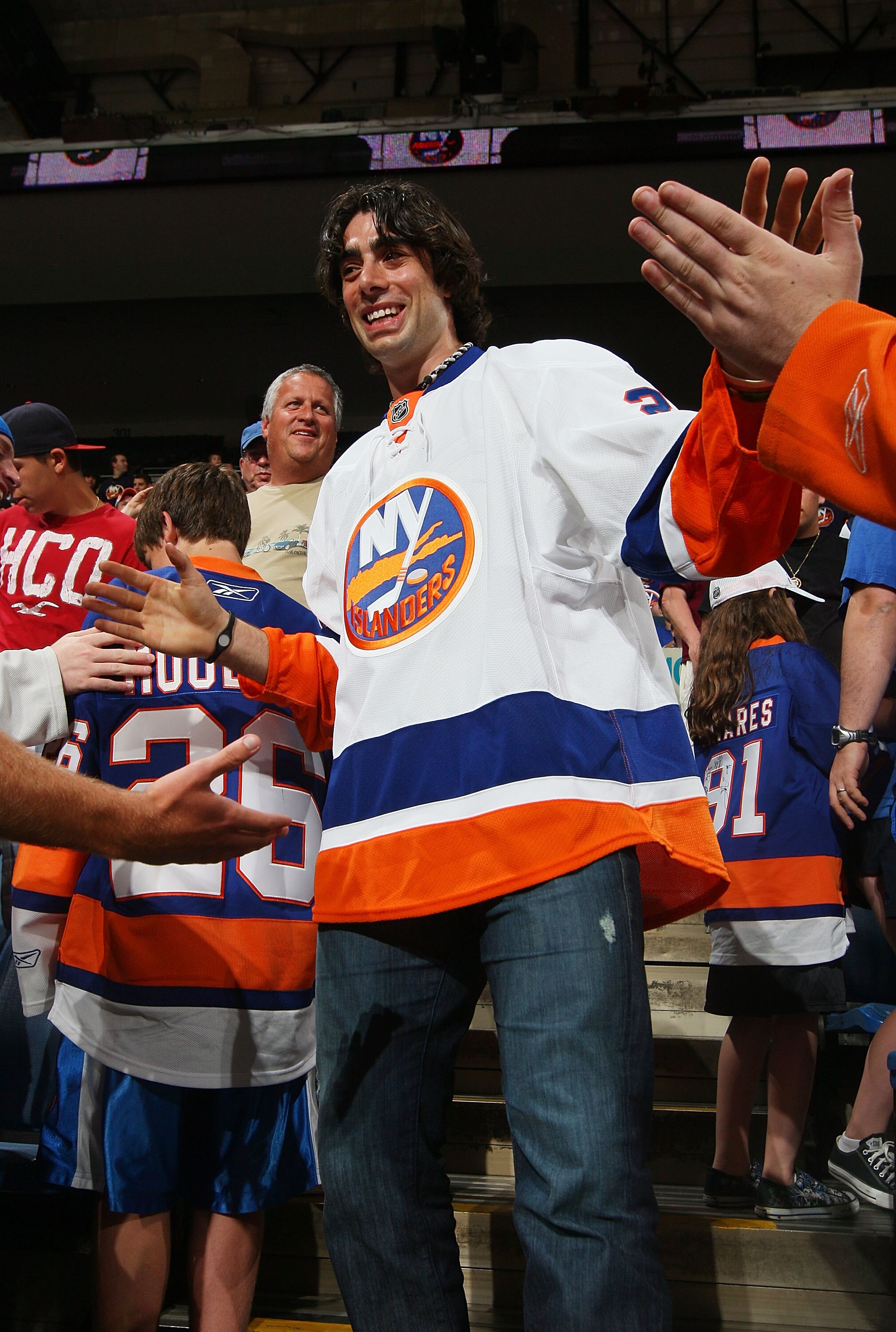 UNIONDALE, NY - JUNE 25:  Matt Moulson #26 of the New York Islanders is introduced wearing the new 2010-2011 road jersey during the New York Islanders Draft Day Party on June 25, 2010 at Nassau Coliseum in Uniondale, New York.  (Photo by Mike Stobe/Getty