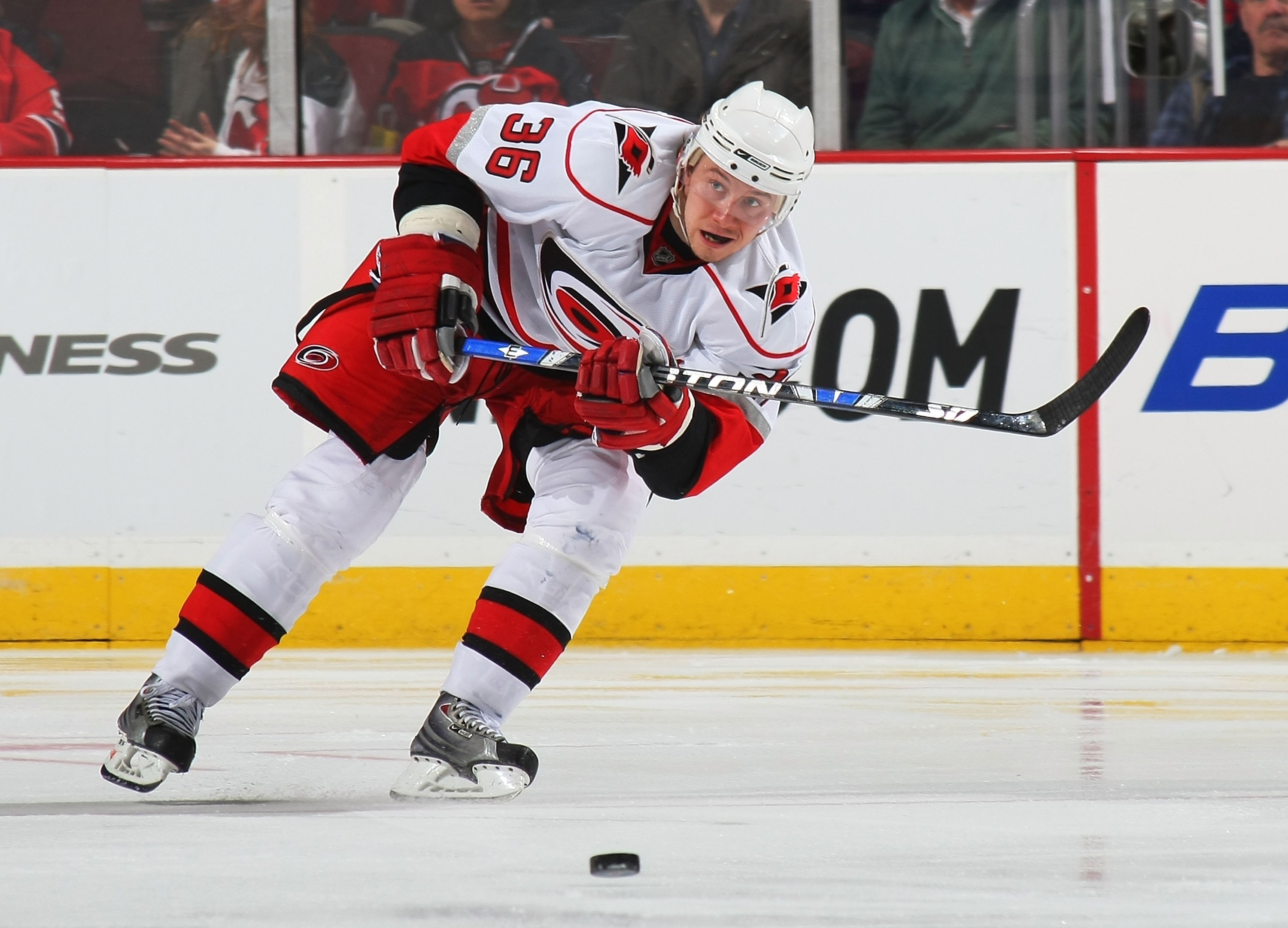 NEWARK, NJ - MARCH 28:  Jussi Jokinen #36 of the Carolina Hurricanes skates against the New Jersey Devils on March 28, 2009 at the Prudential Center in Newark, New Jersey.  (Photo by Bruce Bennett/Getty Images)