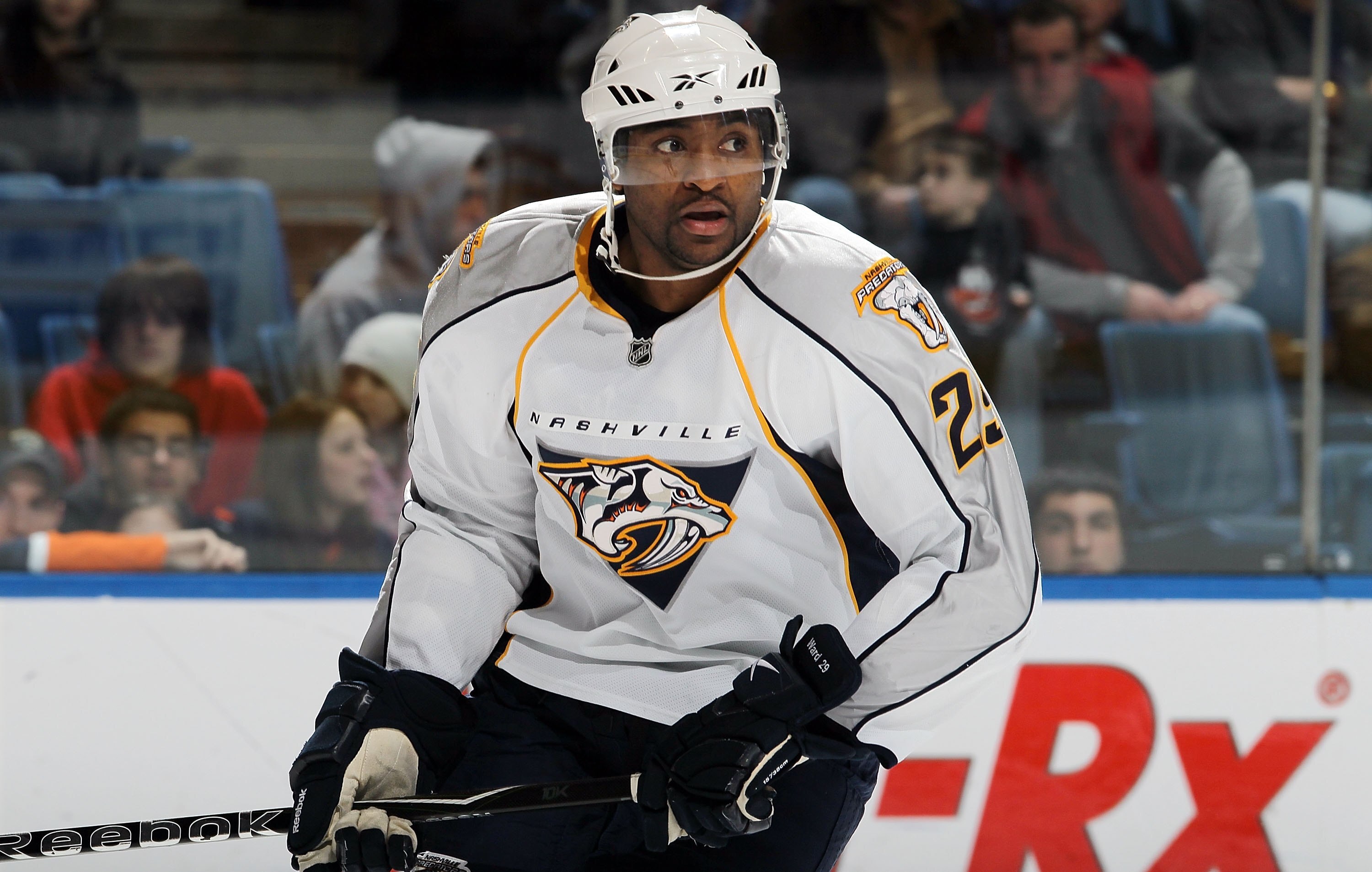 UNIONDALE, NY - FEBRUARY 09:  Joel Ward #29 of the Nashville Predators skates against the New York Islanders on February 9, 2010 at Nassau Coliseum in Uniondale, New York. The Islanders defeated the Predators 4-3 after a shootout  (Photo by Jim McIsaac/Ge