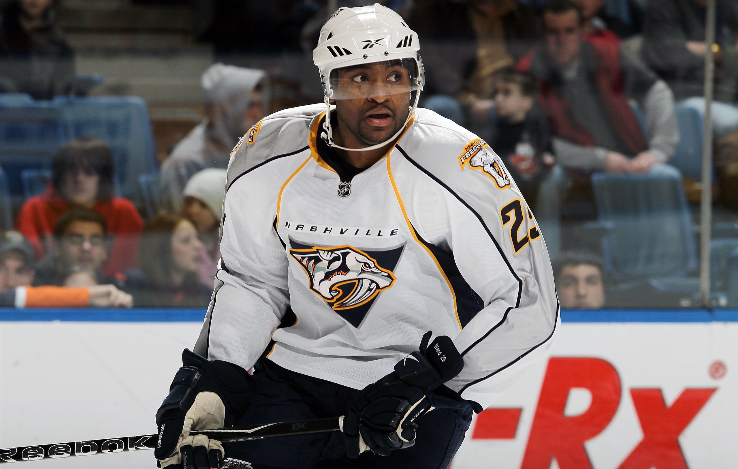 UNIONDALE, NY - FEBRUARY 09:  Joel Ward #29 of the Nashville Predators skates against the New York Islanders on February 9, 2010 at Nassau Coliseum in Uniondale, New York. The Islanders defeated the Predators 4-3 after a shootout  (Photo by Jim McIsaac/Ge