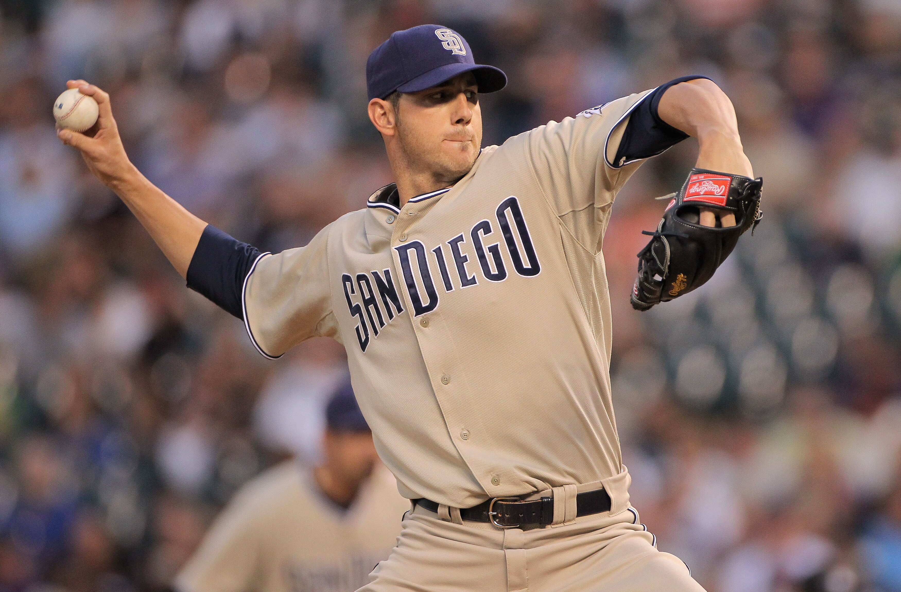 DENVER - SEPTEMBER 14:  Starting pitcher Jon Garland #27 of the San Diego Padres delivers against the Colorado Rockies at Coors Field on September 14, 2010 in Denver, Colorado.  (Photo by Doug Pensinger/Getty Images)