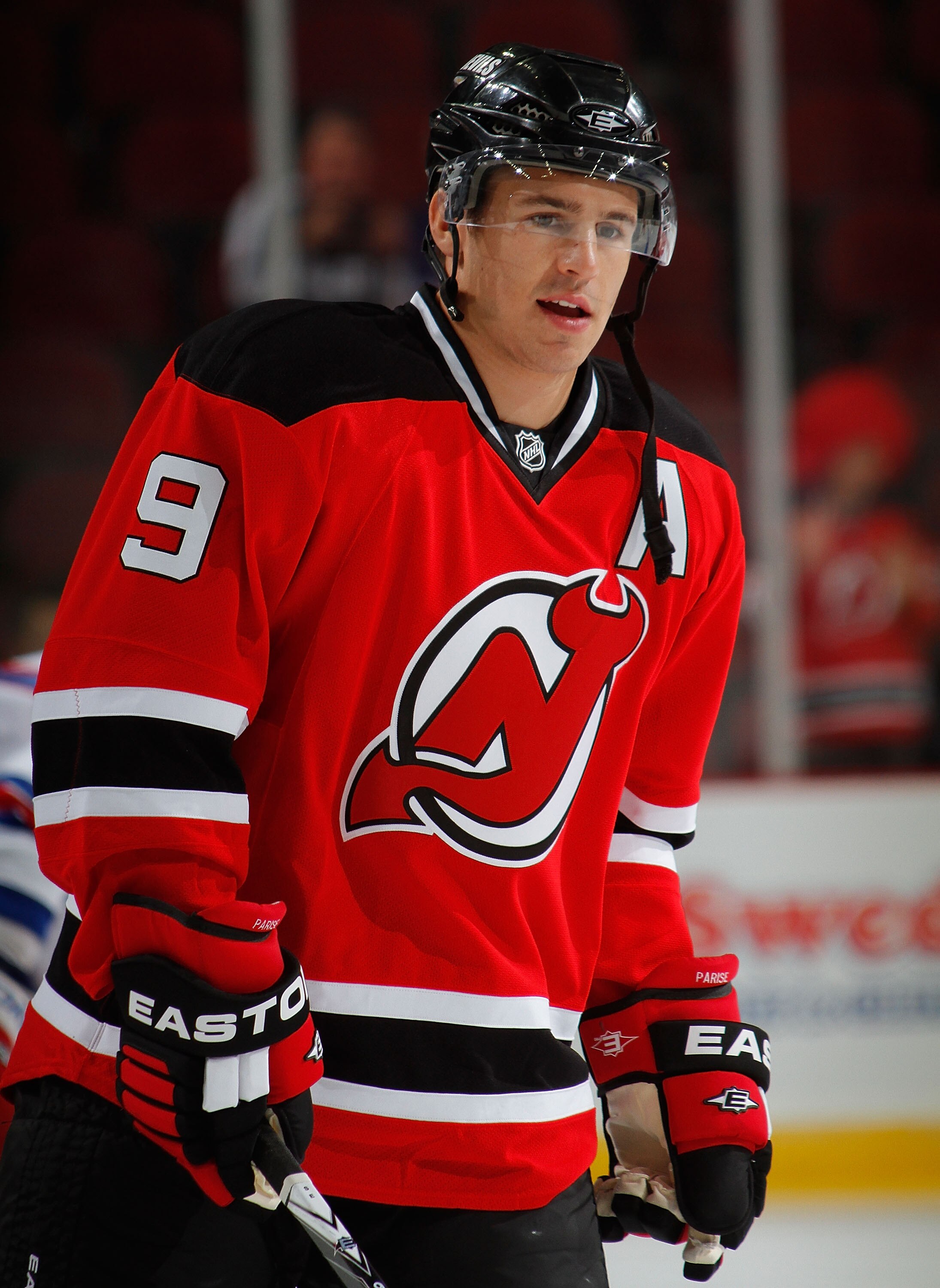 NEWARK, NJ - SEPTEMBER 25:  Zach Parise #9 of the New Jersey Devils during  warmups before a preseason hockey game against the New York Rangers at the Prudential Center on September 25, 2010 in Newark, New Jersey.  (Photo by Paul Bereswill/Getty Images)