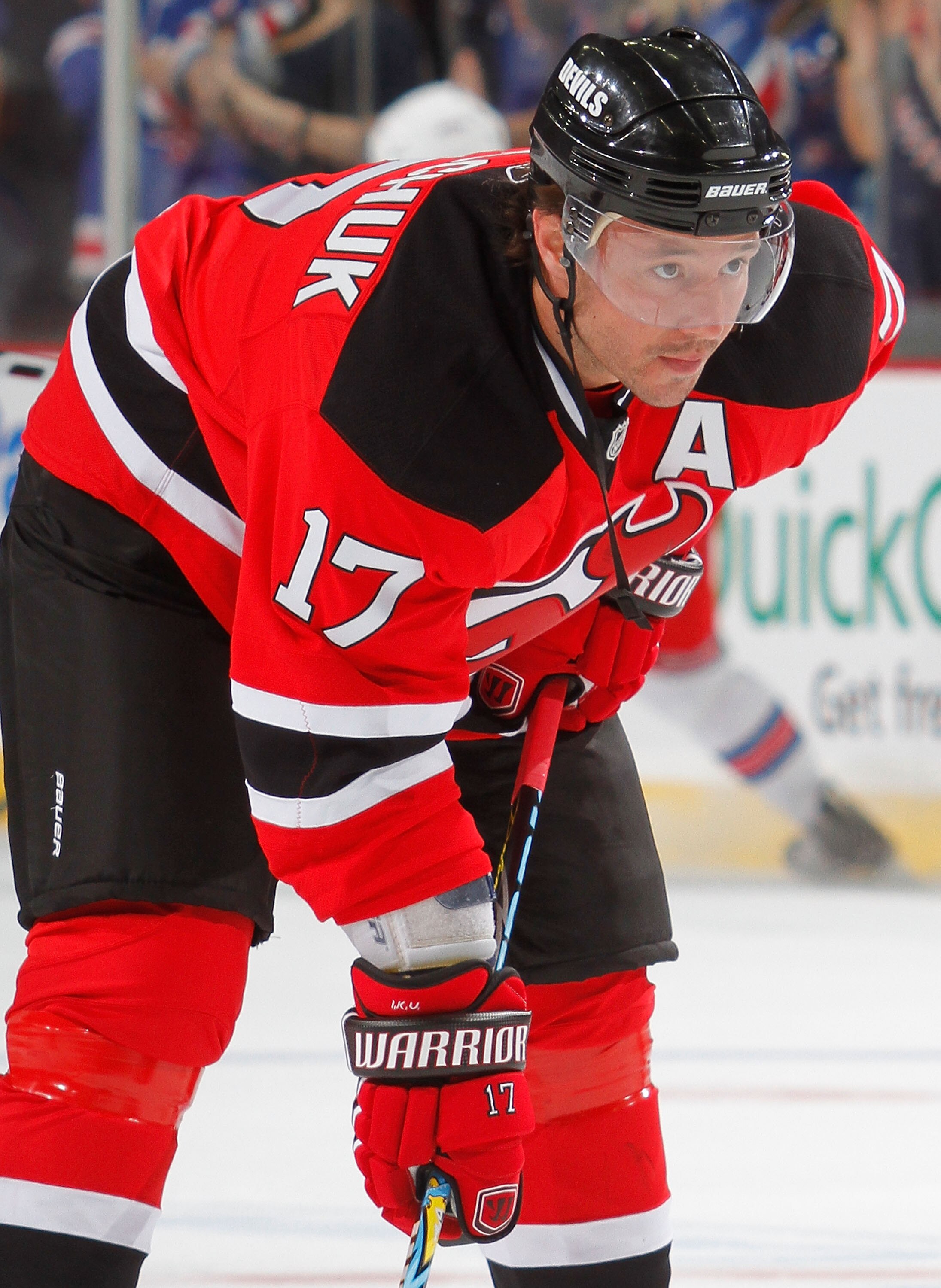 NEWARK, NJ - SEPTEMBER 25:  Ilya Kovalchuk #17 of the New Jersey Devils during warmups before a preseason hockey game against the New York Rangers at the Prudential Center on September 25, 2010 in Newark, New Jersey.  (Photo by Paul Bereswill/Getty Images