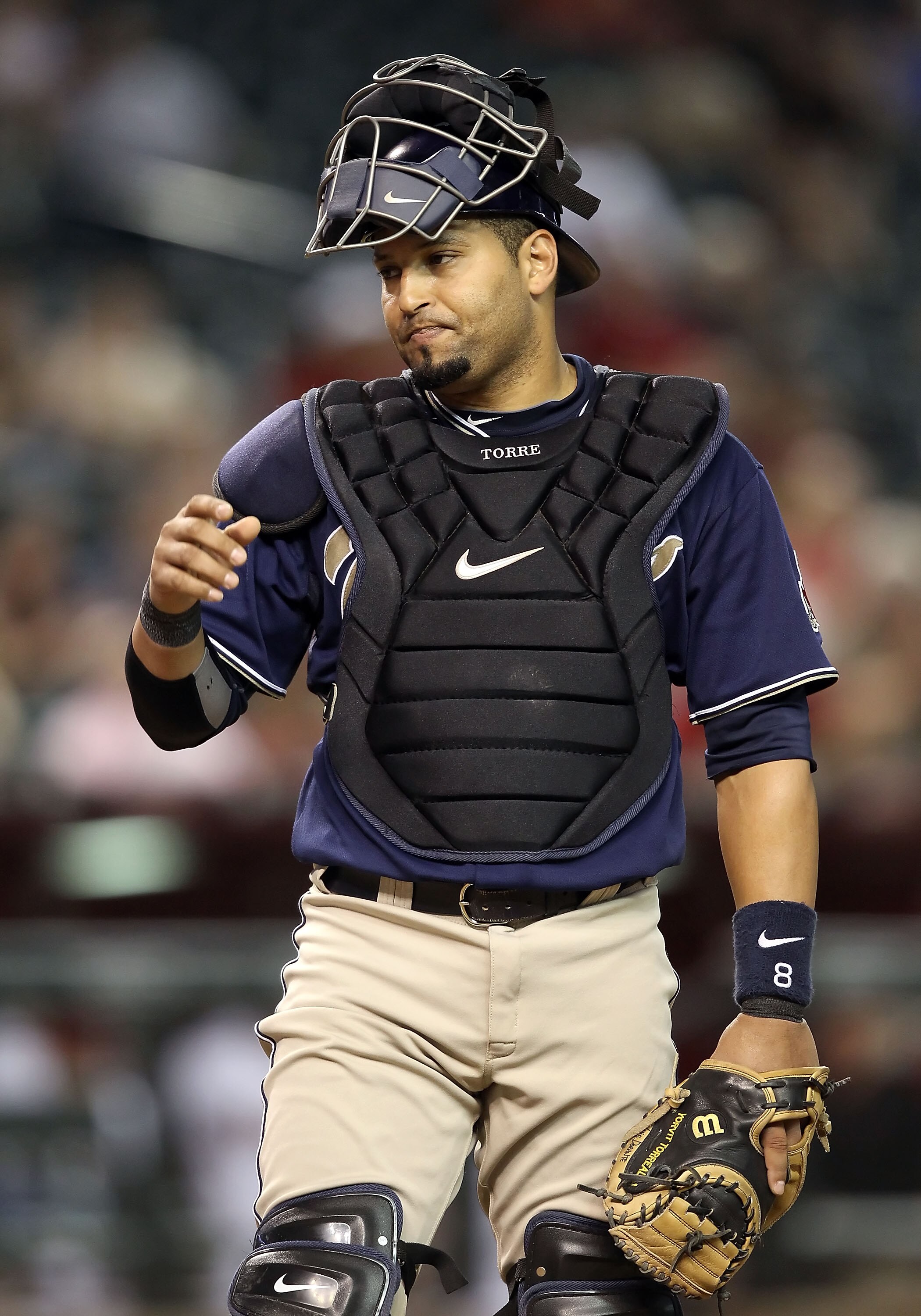 PHOENIX - AUGUST 30:  Catcher Yorvit Torrealba #8 of the San Diego Padres in action during the Major League Baseball game against the Arizona Diamondbacks at Chase Field on August 30, 2010 in Phoenix, Arizona. The Diamondbacks defeated the Padres 7-2.  (P