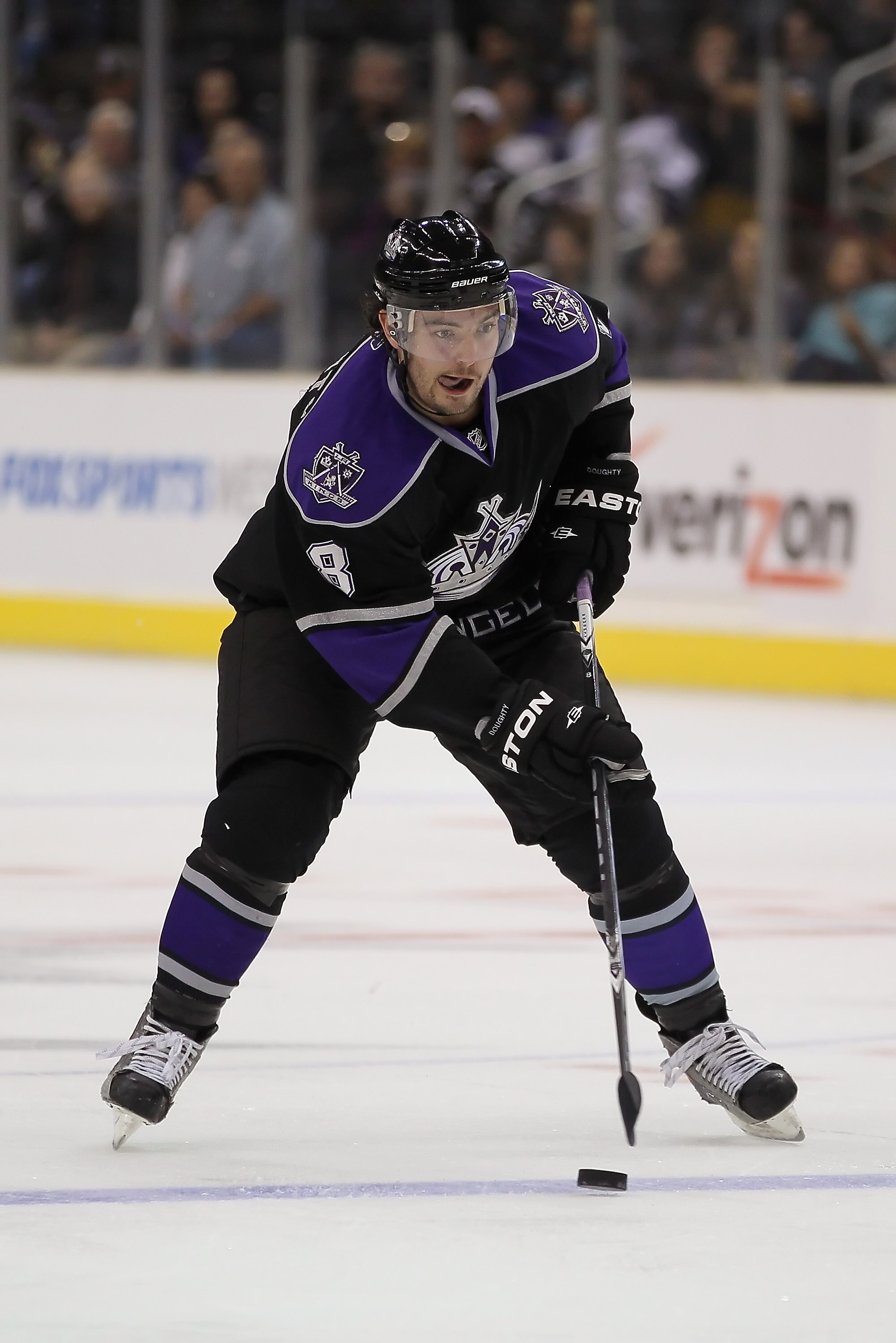 LOS ANGELES, CA - SEPTEMBER 23:  Drew Doughty #8 of the Los Angeles Kings skates against the Phoenix Coyotes at Staples Center on September 23, 2010 in Los Angeles, California. The Coyotes defeated the Kings 3-1.  (Photo by Jeff Gross/Getty Images)