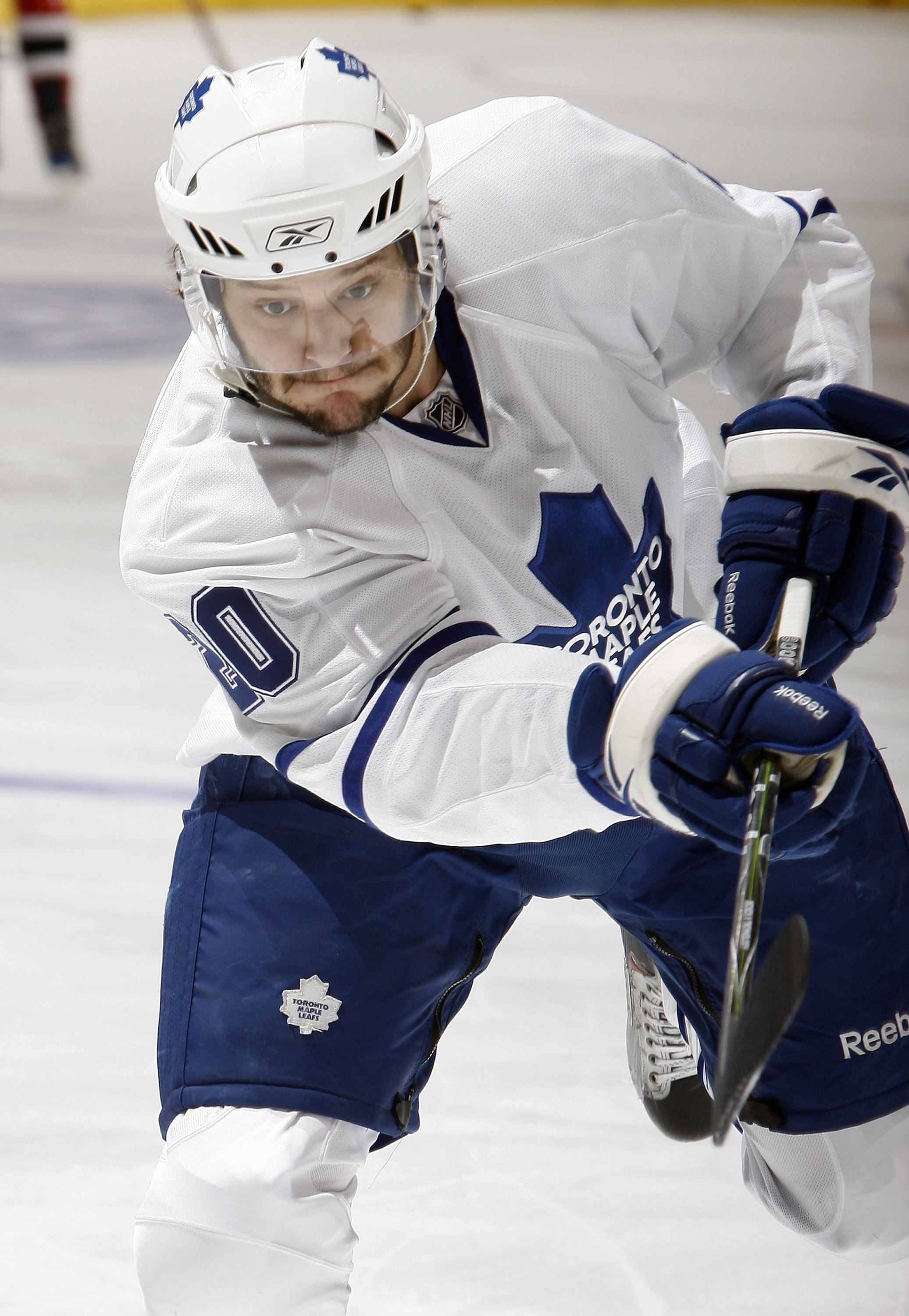 TORONTO - FEBRUARY 2: Christian Hanson #20 of the Toronto Maple Leafs shoots during pre-game skate before taking on the New Jersey Devils during game action on February 2, 2010 at the Air Canada Centre in Toronto, Ontario, Canada. (Photo by Abelimages/Get