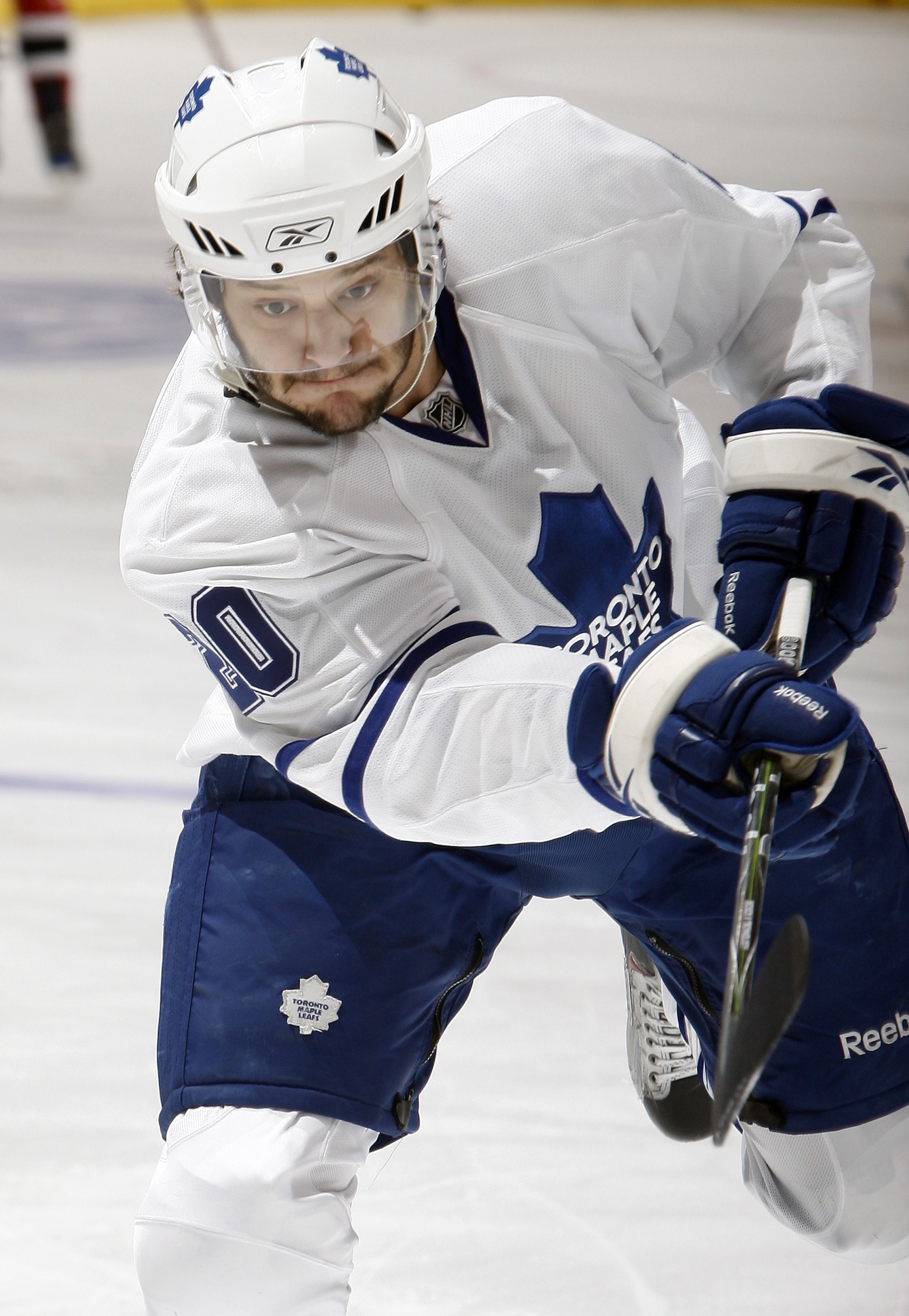 TORONTO - FEBRUARY 2: Christian Hanson #20 of the Toronto Maple Leafs shoots during pre-game skate before taking on the New Jersey Devils during game action on February 2, 2010 at the Air Canada Centre in Toronto, Ontario, Canada. (Photo by Abelimages/Get