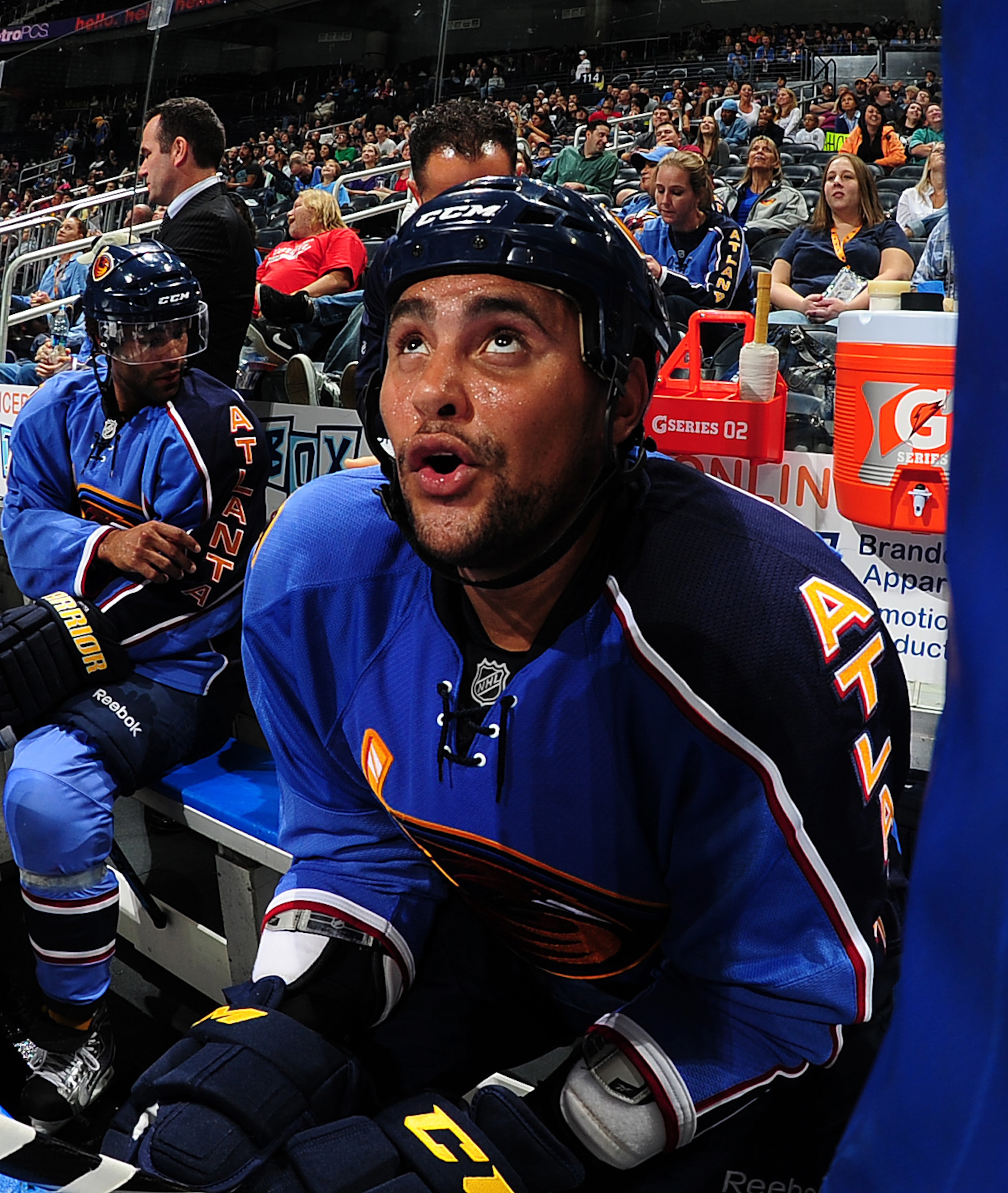 ATLANTA - SEPTEMBER 25: Dustin Byfuglien #33 of the Atlanta Thrashers watches the action against the Carolina Hurricanes at Philips Arena on September 25, 2010 in Atlanta, Georgia. The Hurricanes won 1-0. (Photo by Scott Cunningham/Getty Images)