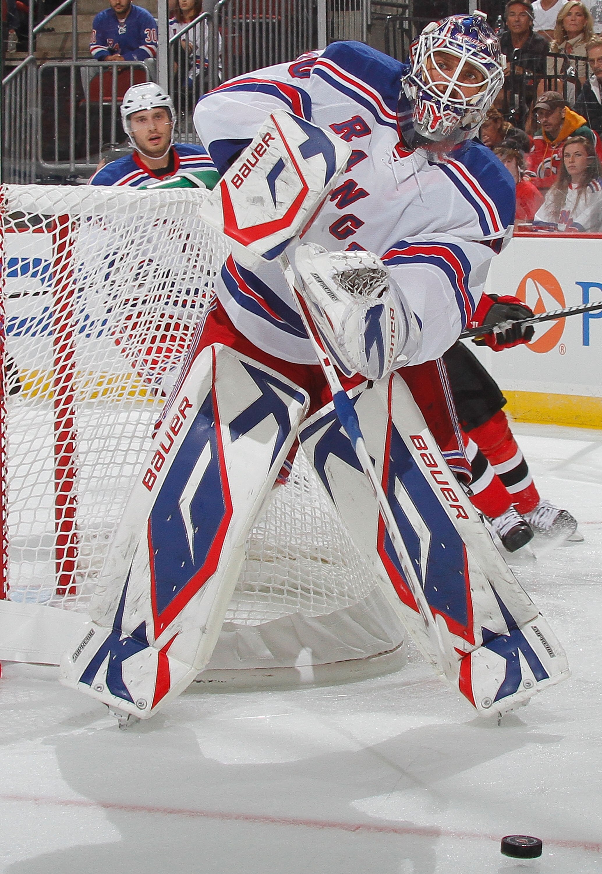 NEWARK, NJ - SEPTEMBER 25:  Goalie Henrik Lundqvist #30 of the New York Rangers during a preseason hockey game against the New Jersey Devils at the Prudential Center on September 25, 2010 in Newark, New Jersey.  (Photo by Paul Bereswill/Getty Images)