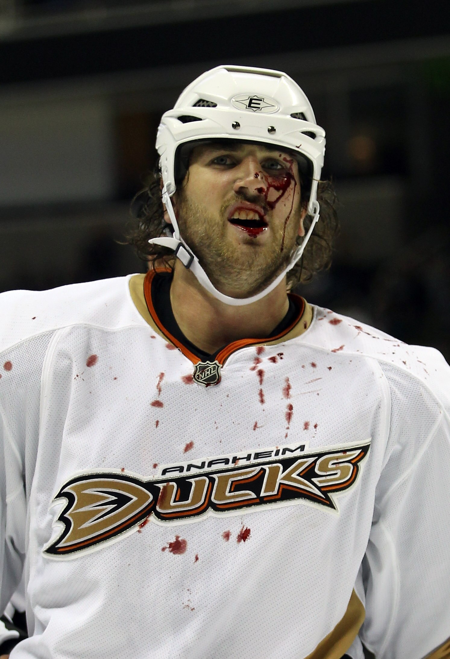 SAN JOSE, CA - SEPTEMBER 24:  Aaron Voros #34 of the Anaheim Ducks leaves the ice after being in a fight during their preseason game against the San Jose Sharks at HP Pavilion on September 24, 2010 in San Jose, California.  (Photo by Ezra Shaw/Getty Image