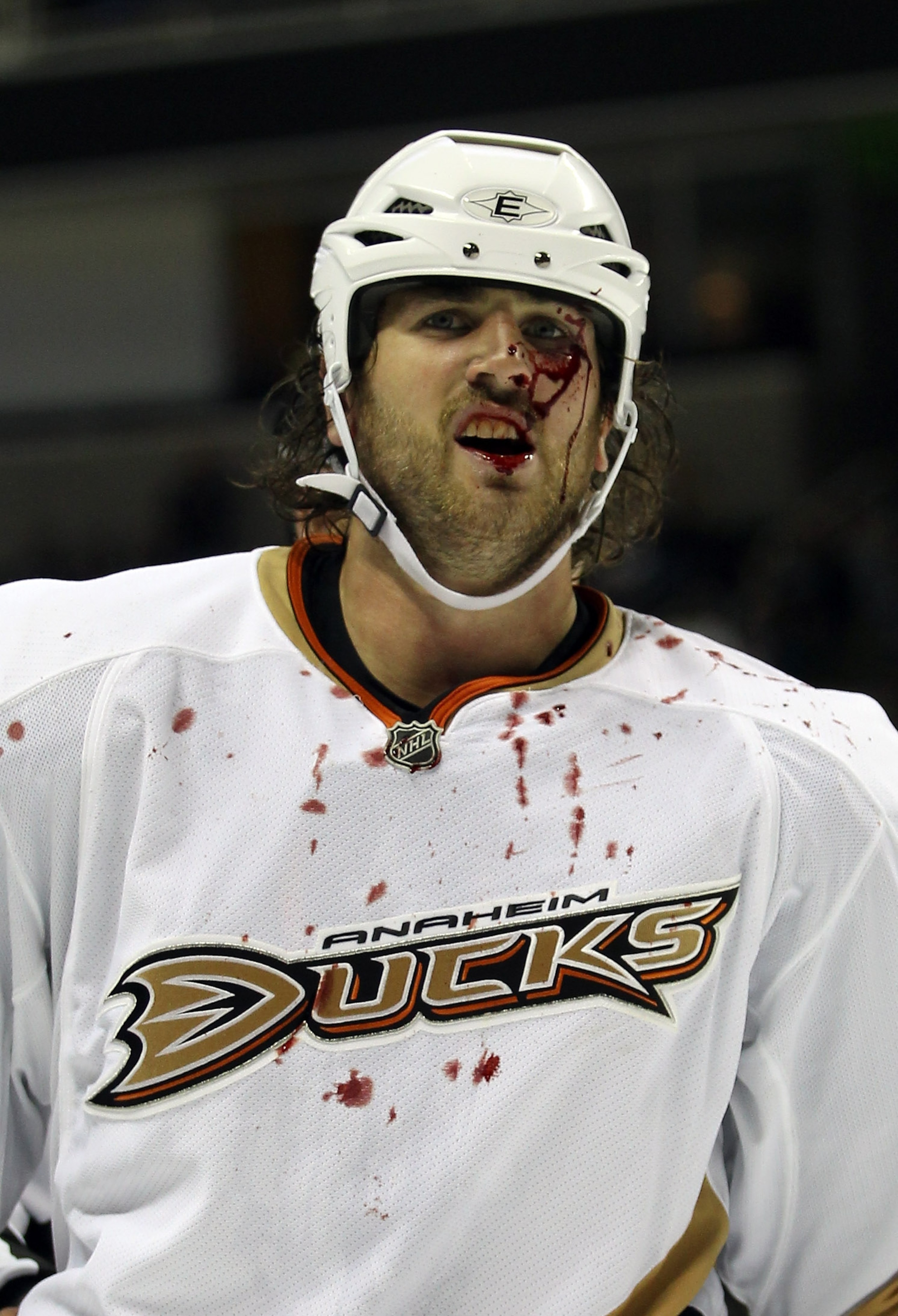 SAN JOSE, CA - SEPTEMBER 24:  Aaron Voros #34 of the Anaheim Ducks leaves the ice after being in a fight during their preseason game against the San Jose Sharks at HP Pavilion on September 24, 2010 in San Jose, California.  (Photo by Ezra Shaw/Getty Image