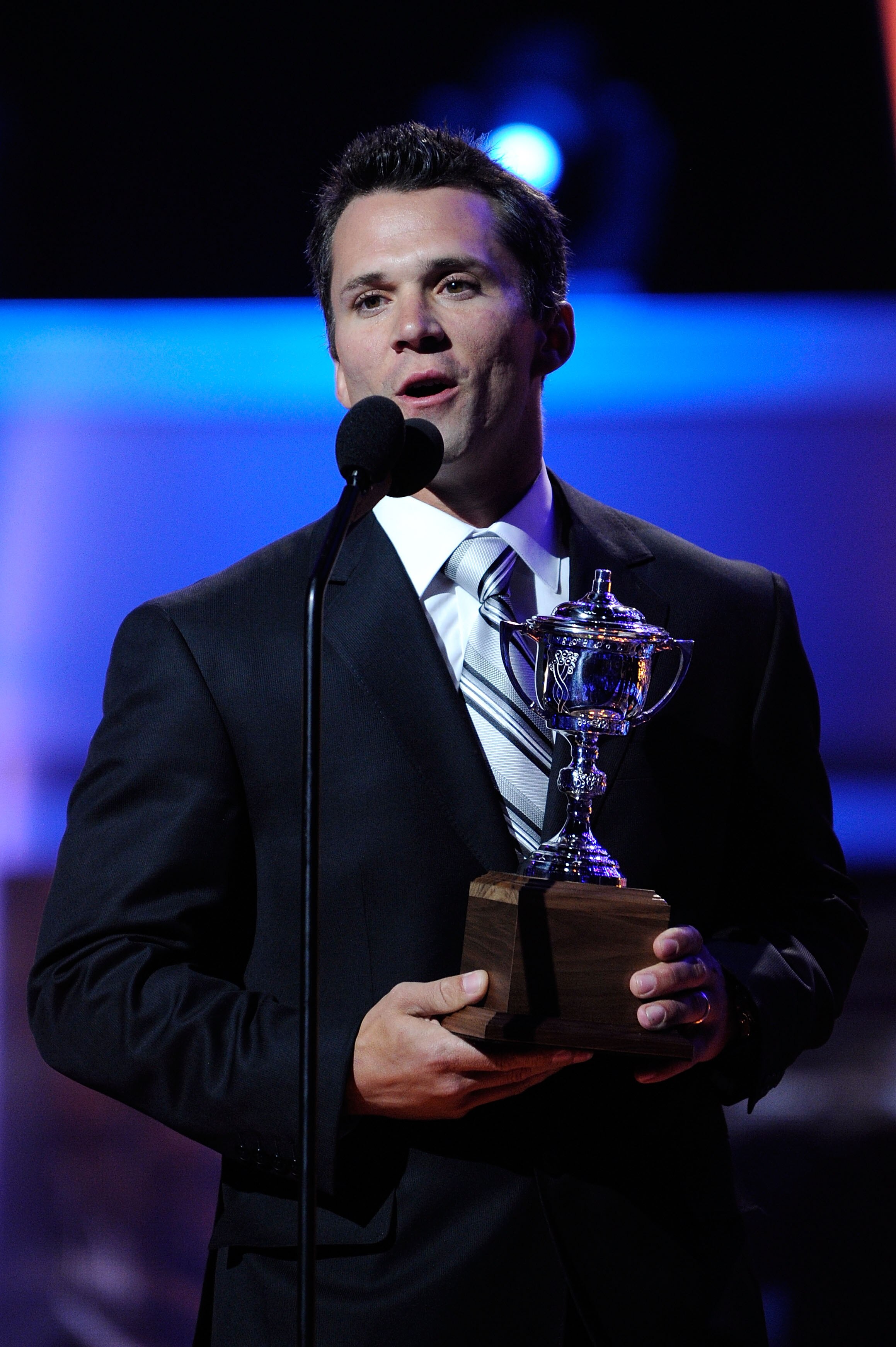 LAS VEGAS - JUNE 23:  Martin St. Louis of the Tampa Bay Lightning accepts the Lady Bing Memorial Trophy during the 2010 NHL Awards at the Palms Casino Resort on June 23, 2010 in Las Vegas, Nevada.  (Photo by Ethan Miller/Getty Images for NHLI)