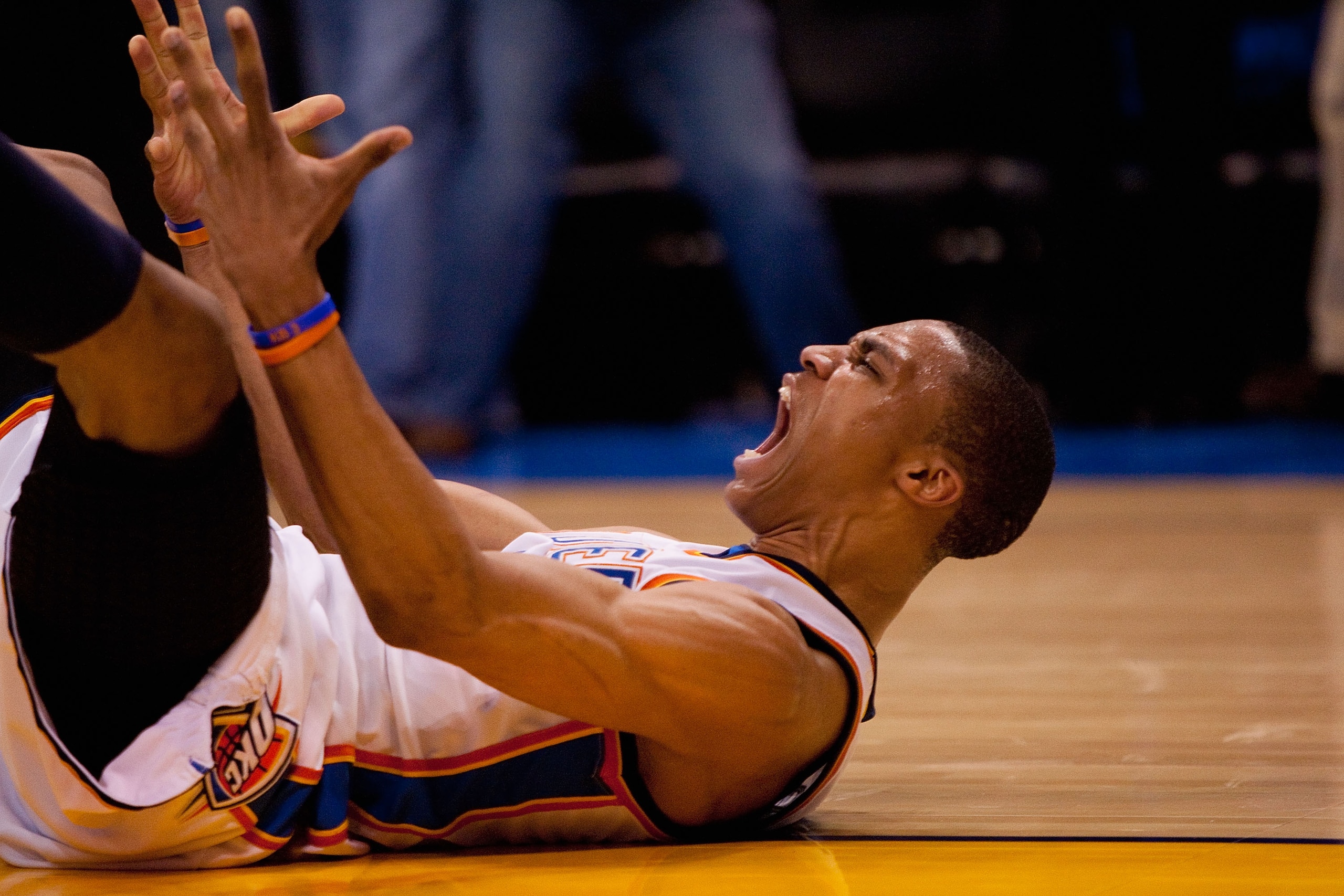 OKLAHOMA CITY - APRIL 30: Russell Westbrook #0 of the Oklahoma City Thunder reacts to being fouled against the Los Angeles Lakers during Game Six of the Western Conference Quarterfinals of the 2010 NBA Playoffs on April 30, 2010 at the Ford Center in Okla