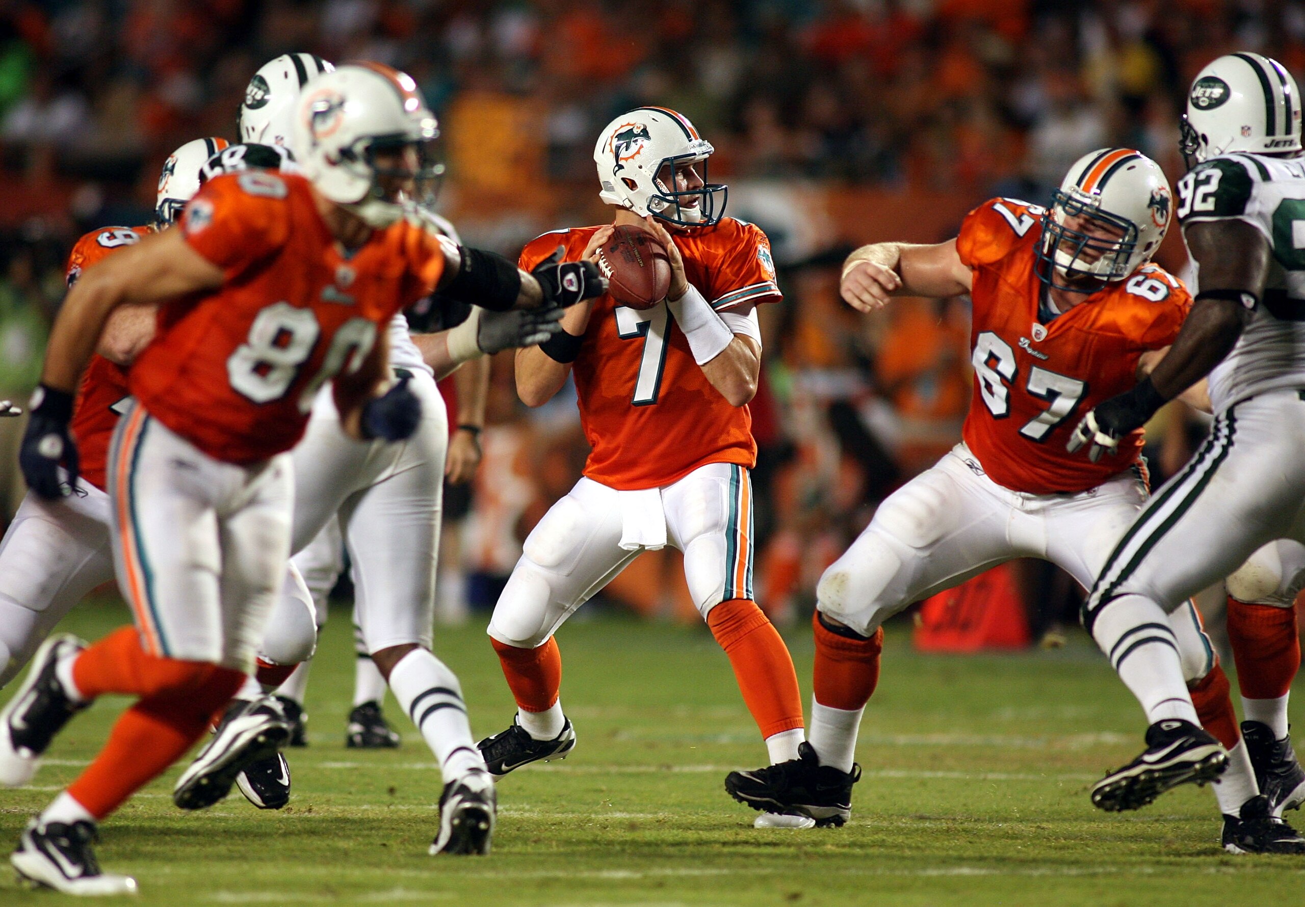 MIAMI - SEPTEMBER 26:  Quarterback Chad Henne #7 of the Miami Dolphins throws against the New York Jets at Sun Life Stadium on September 26, 2010 in Miami, Florida.  (Photo by Marc Serota/Getty Images)