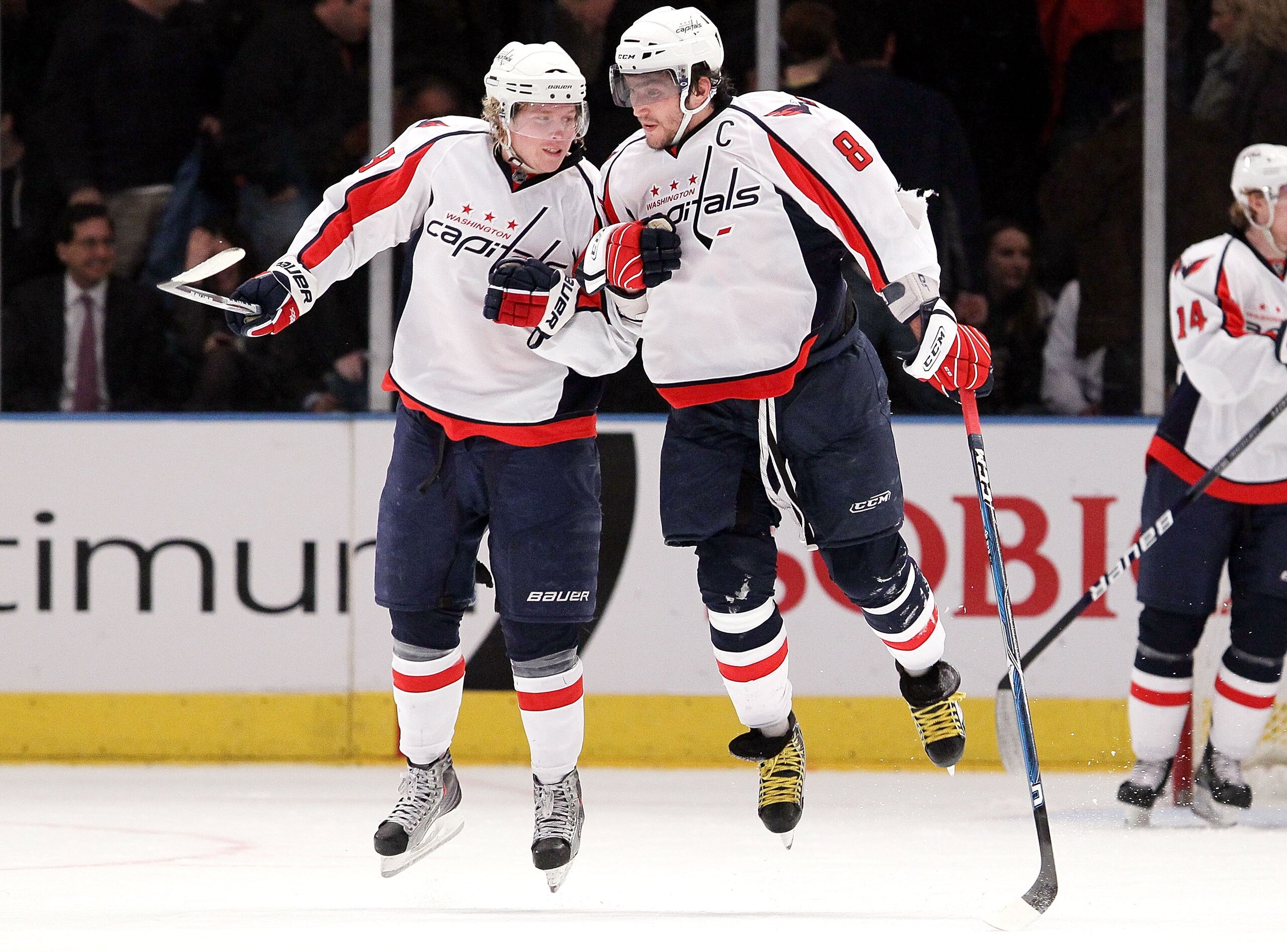 NEW YORK - FEBRUARY 04:  Nicklas Backstrom #19 and Alex Ovechkin #8 of the Washington Capitals celebrate after defeating the New York Rangers on February 4, 2010 at Madison Square Garden in New York City. The Capitals defeated the Rangers 6-5.  (Photo by 