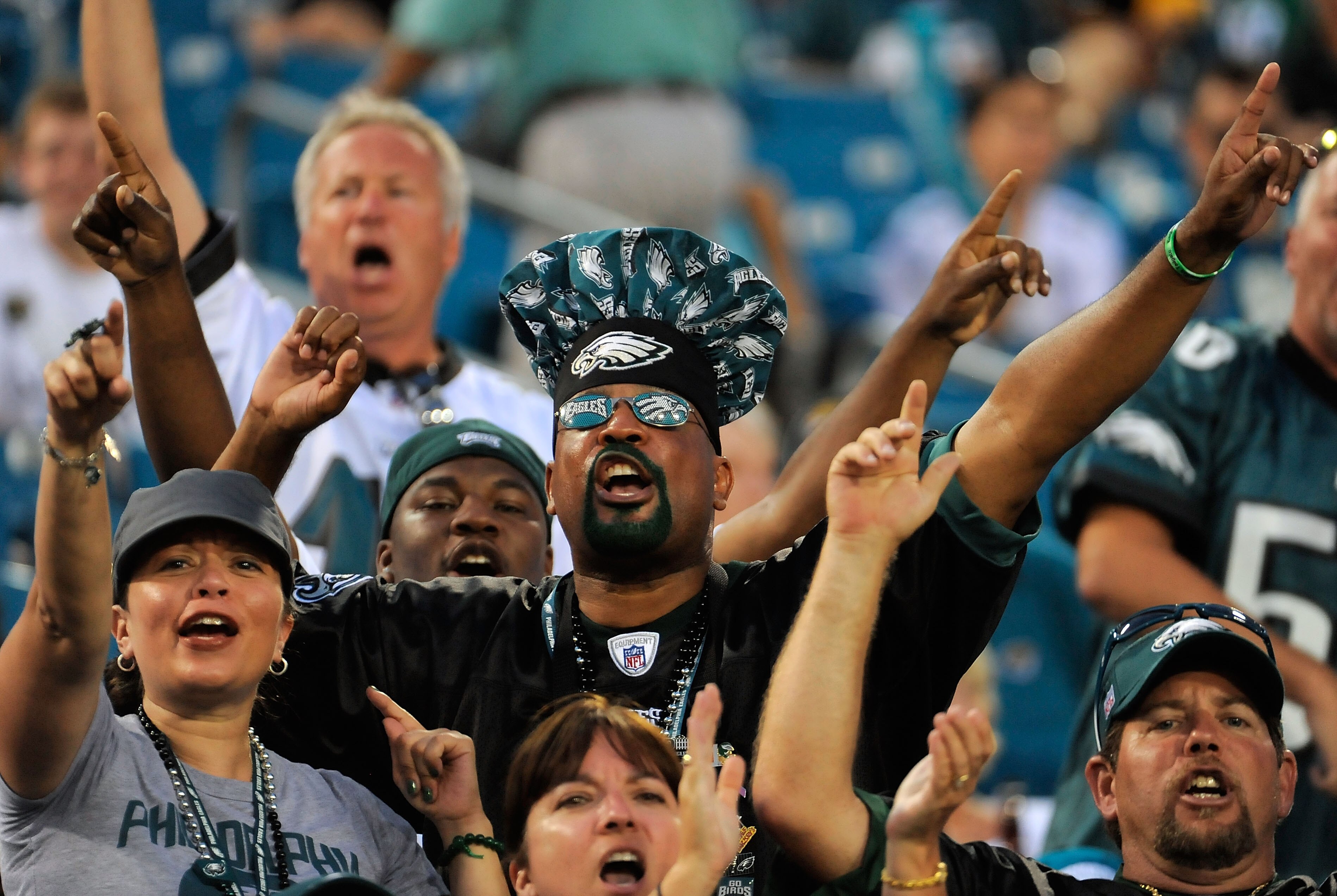 JACKSONVILLE, FL - SEPTEMBER 26:  Eagles fans cheer late in the game as the Philadelphia Eagles take on the Jacksonville Jaguars at EverBank Field on September 26, 2010 in Jacksonville, Florida. The Eagles defeated the Jaguars 28-3.  (Photo by Doug Benc/G