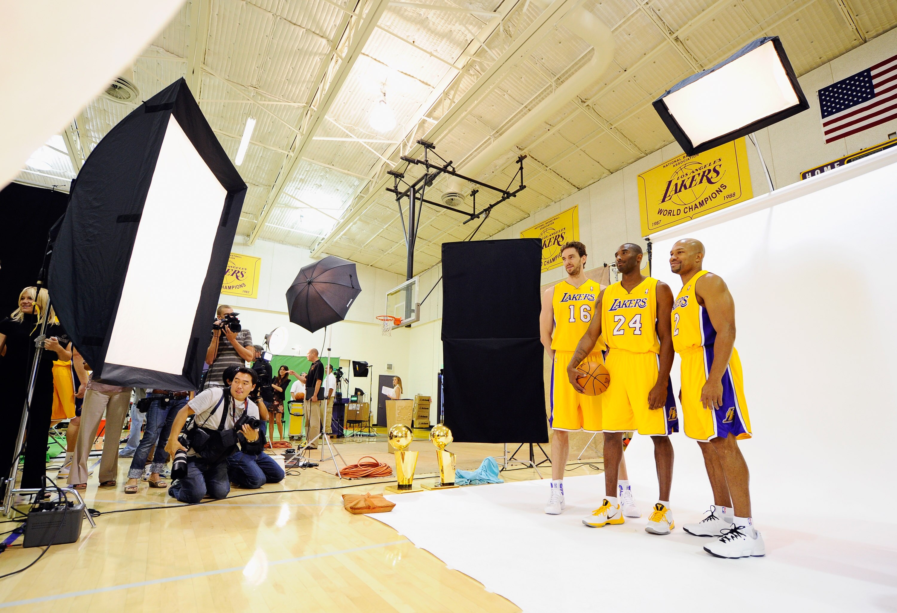 EL SEGUNDO, CA - SEPTEMBER 25:  Kobe Bryant #24,  Pau Gasol #16 and Derek Fisher #2 of the Los Angeles Lakers pose for a photograph during a Media Day at the Toyota Center on September 25, 2010 in El Segundo, California. NOTE TO USER: User expressly ackno