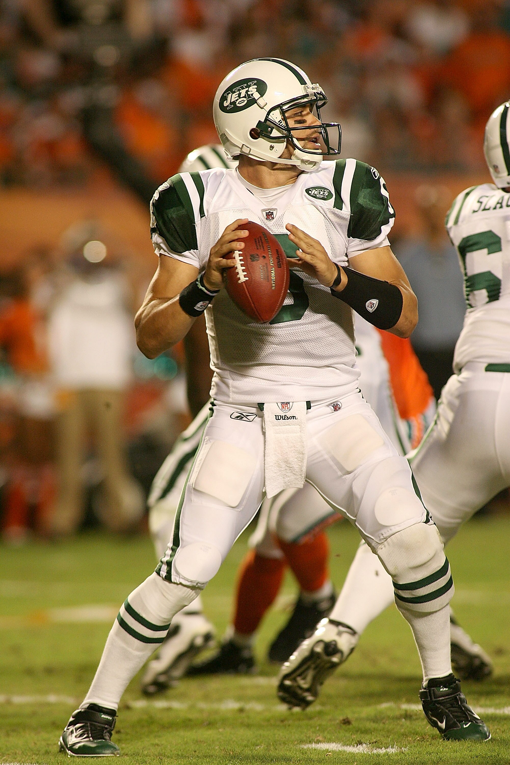 MIAMI - SEPTEMBER 26: Quarterback Mark Sanchez #6 of the New York Jets plays against the Miami Dolphins at Sun Life Stadium on September 26, 2010 in Miami, Florida. The Jets won 31-23. (Photo by Marc Serota/Getty Images)