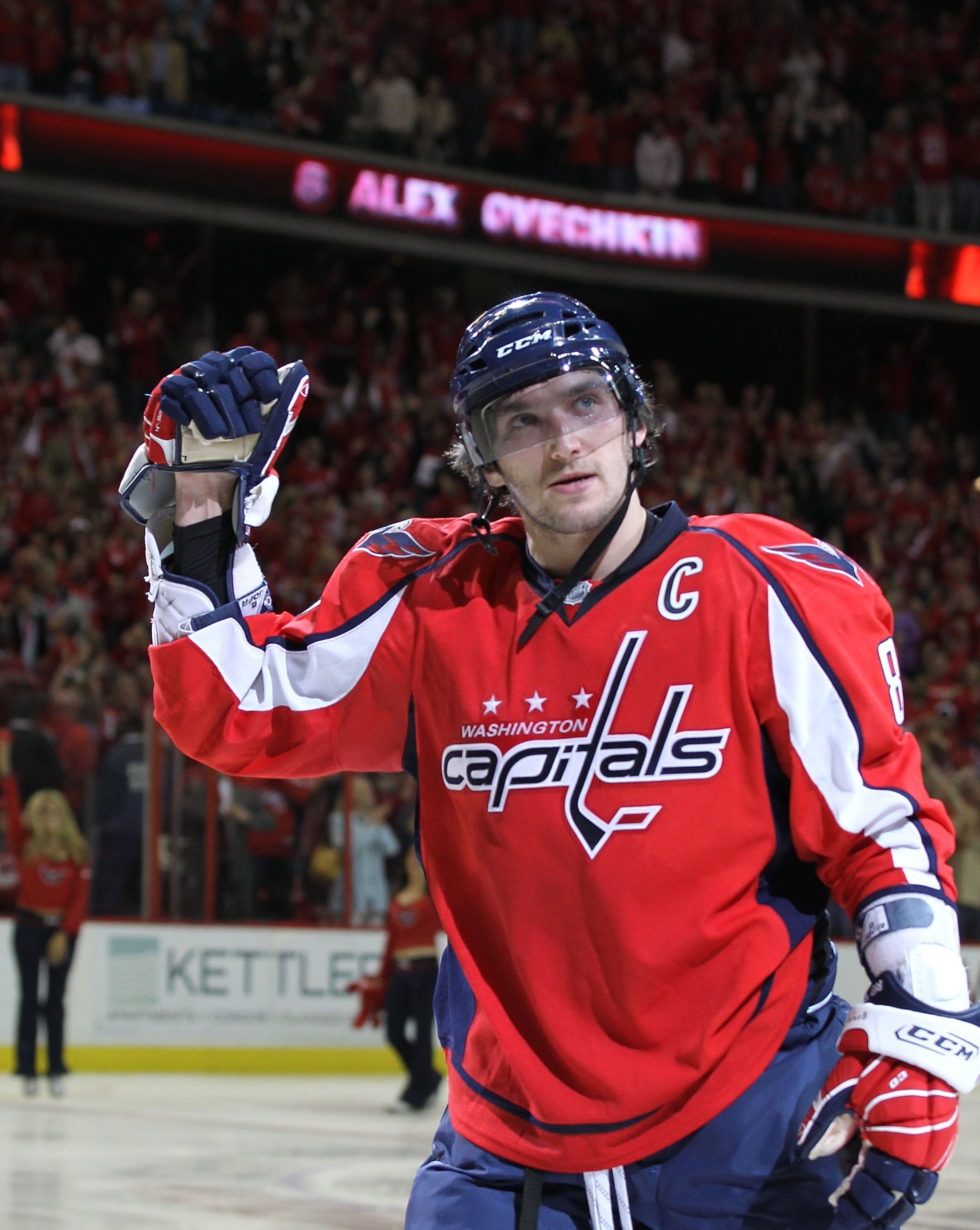 WASHINGTON - APRIL 17: Alex Ovechkin #8 of the Washington Capitals is named the third star of the game against the Montreal Canadiens in Game Two of the Eastern Conference Quarterfinals during the 2010 NHL Stanley Cup Playoffs at the Verizon Center on Apr