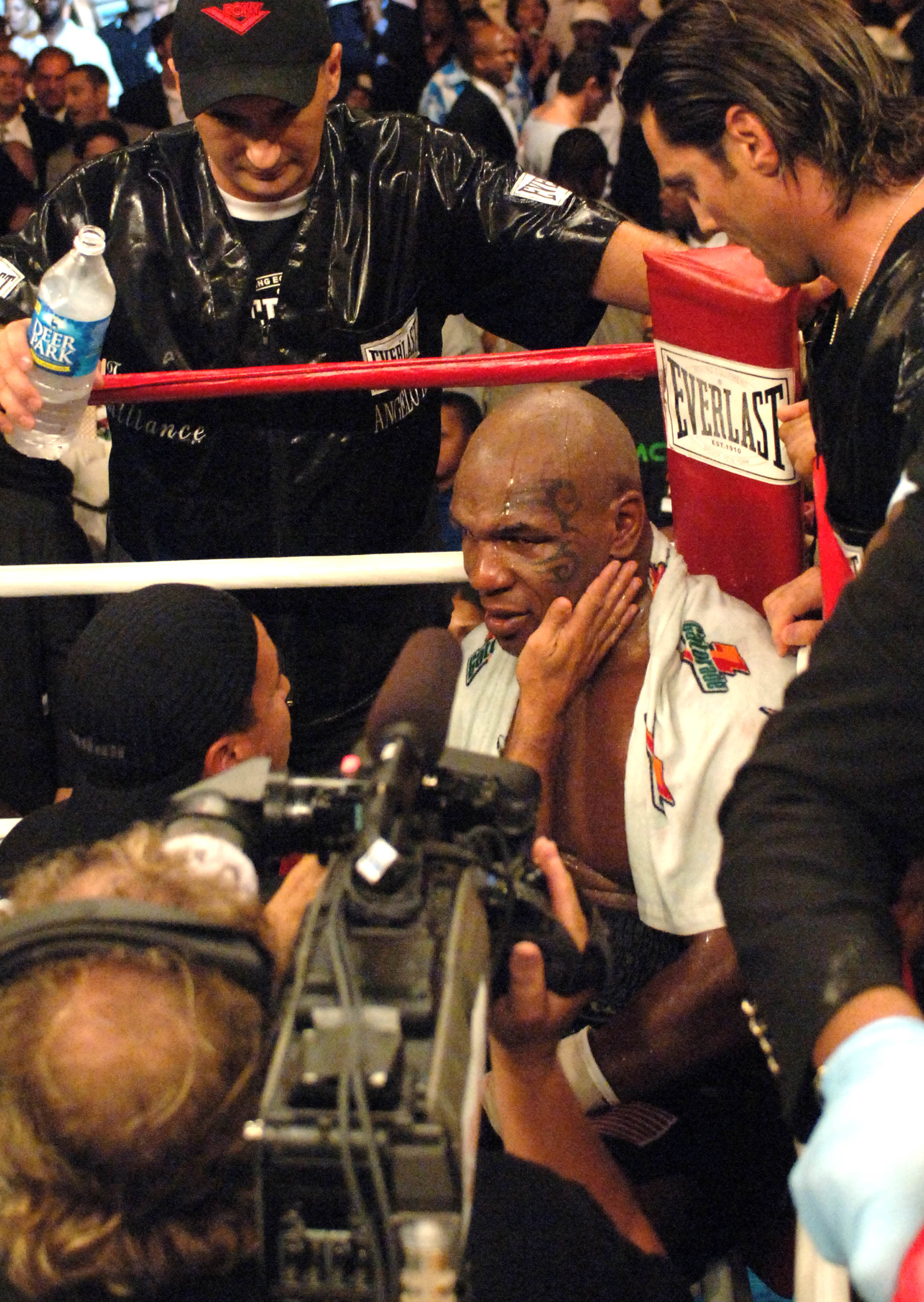 WASHINGTON - JUNE 11:  Mike Tyson sits in his corner after being stopped by Kevin McBride during their heavyweight bout at the MCI Center June 11, 2005 in Washington, DC. McBride won by TKO after Mike Tyson's corner stopped the fight at the end of the 6th