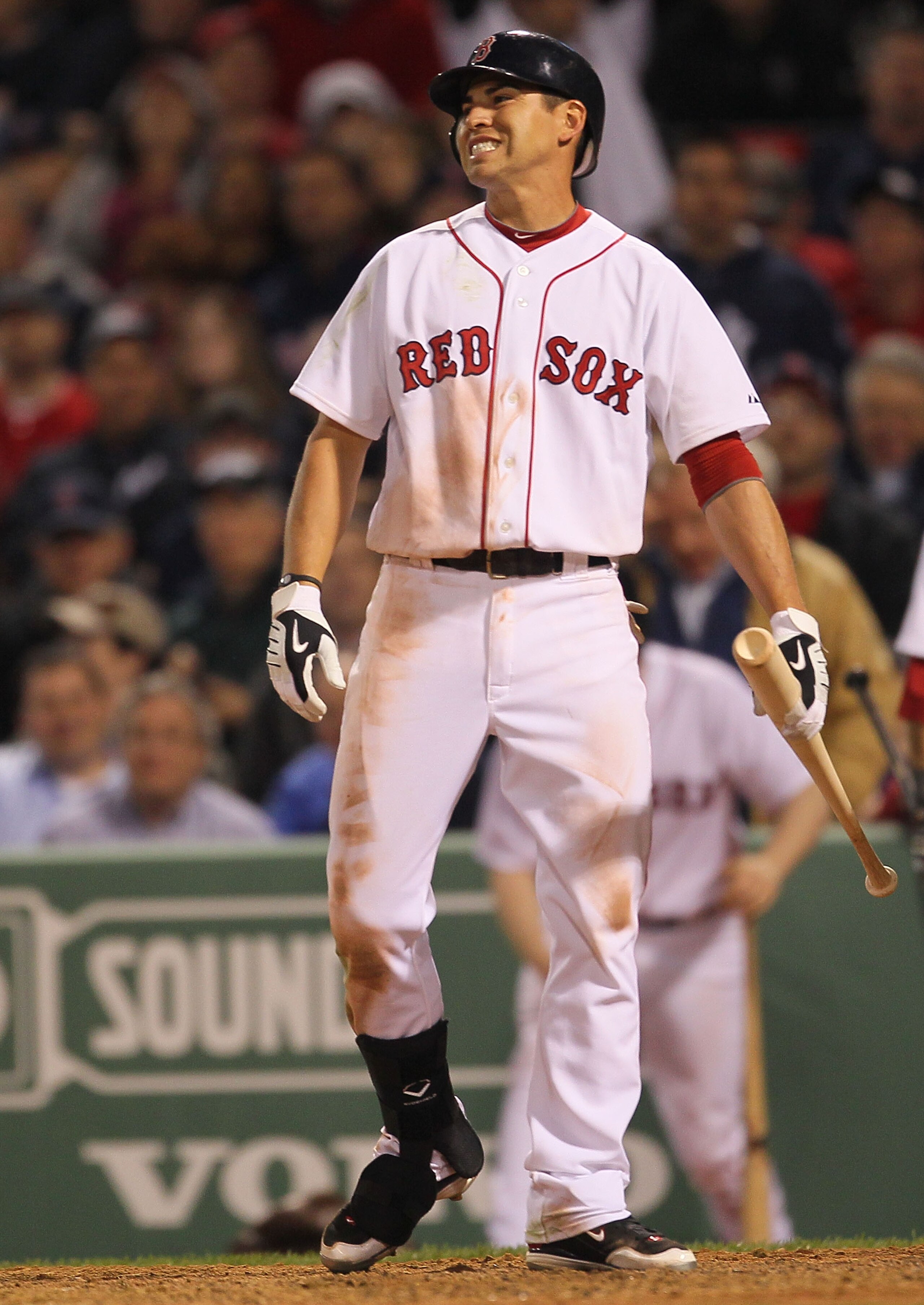 BOSTON - APRIL 06:  Jacoby Ellsbury #2 of the Boston Red Sox reacts in the ninth inning after making an out against the New york Yankee at Fenway Park on April 6, 2010 in Boston, Massachusetts. (Photo by Jim Rogash/Getty Images)