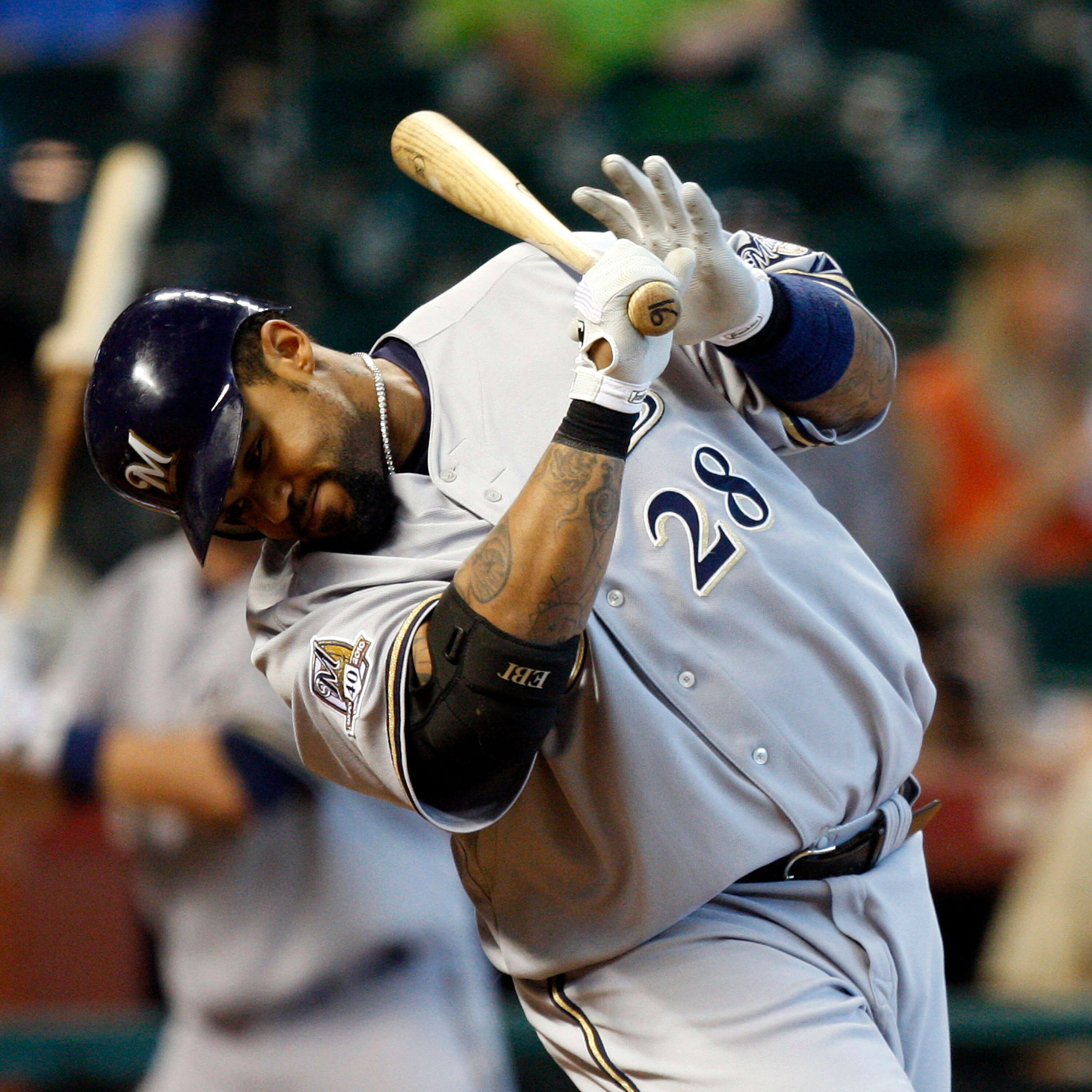 HOUSTON - SEPTEMBER 15:  Prince Fielder #28 of the Milwaukee Brewers avoids a high pitch inside thown by J.A. Happ of the Houston Astros at Minute Maid Park on September 15, 2010 in Houston, Texas.  (Photo by Bob Levey/Getty Images)