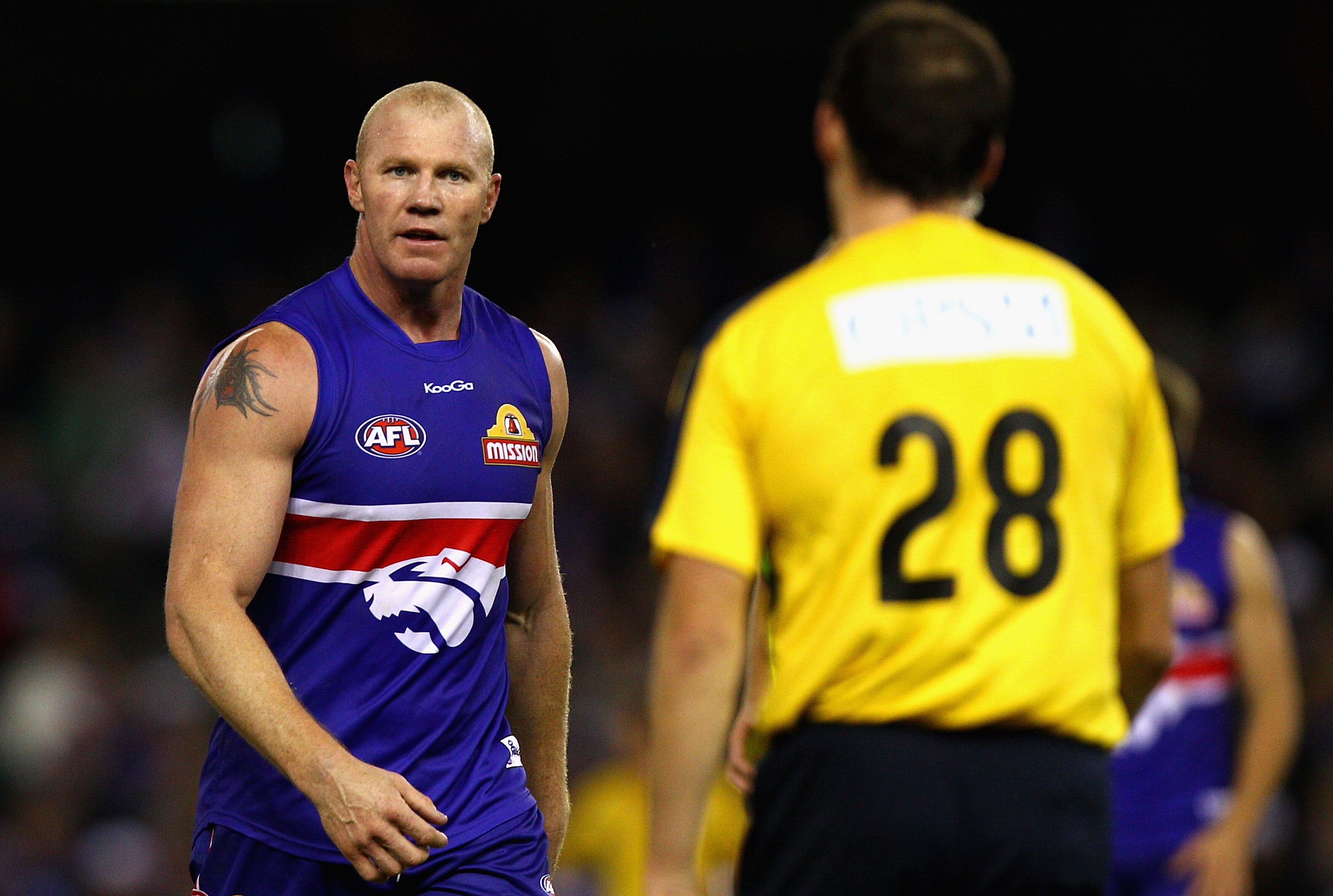 MELBOURNE, AUSTRALIA - APRIL 30:  Barry Hall of the Bulldogs stares at upmpire Troy Pannell during the round six AFL match between the Western Bulldogs and the St Kilda Saints at Etihad Stadium on April 30, 2010 in Melbourne, Australia.  (Photo by Ryan Pi