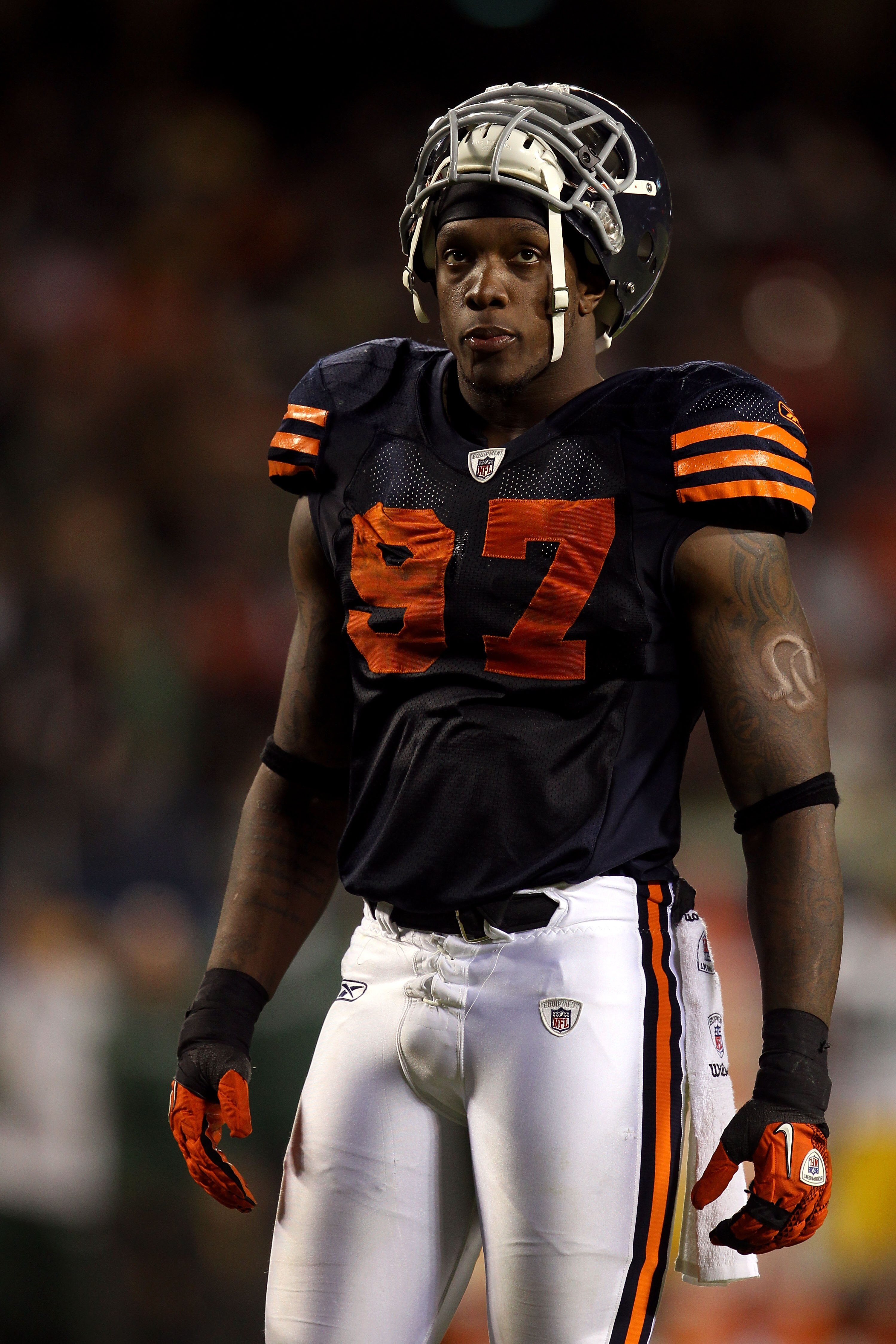 CHICAGO - SEPTEMBER 27:  Mark Anderson #97 of the Chicago Bears looks on against the Green Bay Packers at Soldier Field on September 27, 2010 in Chicago, Illinois. The Bears won 20-17. (Photo by Jonathan Daniel/Getty Images)
